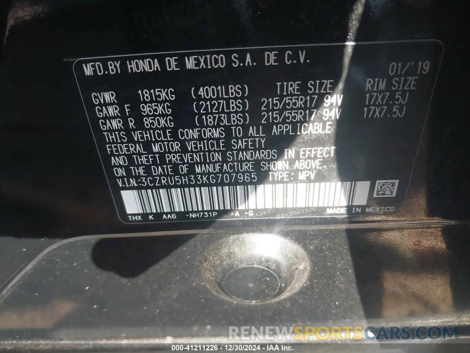 9 Photograph of a damaged car 3CZRU5H33KG707965 HONDA HR-V 2019