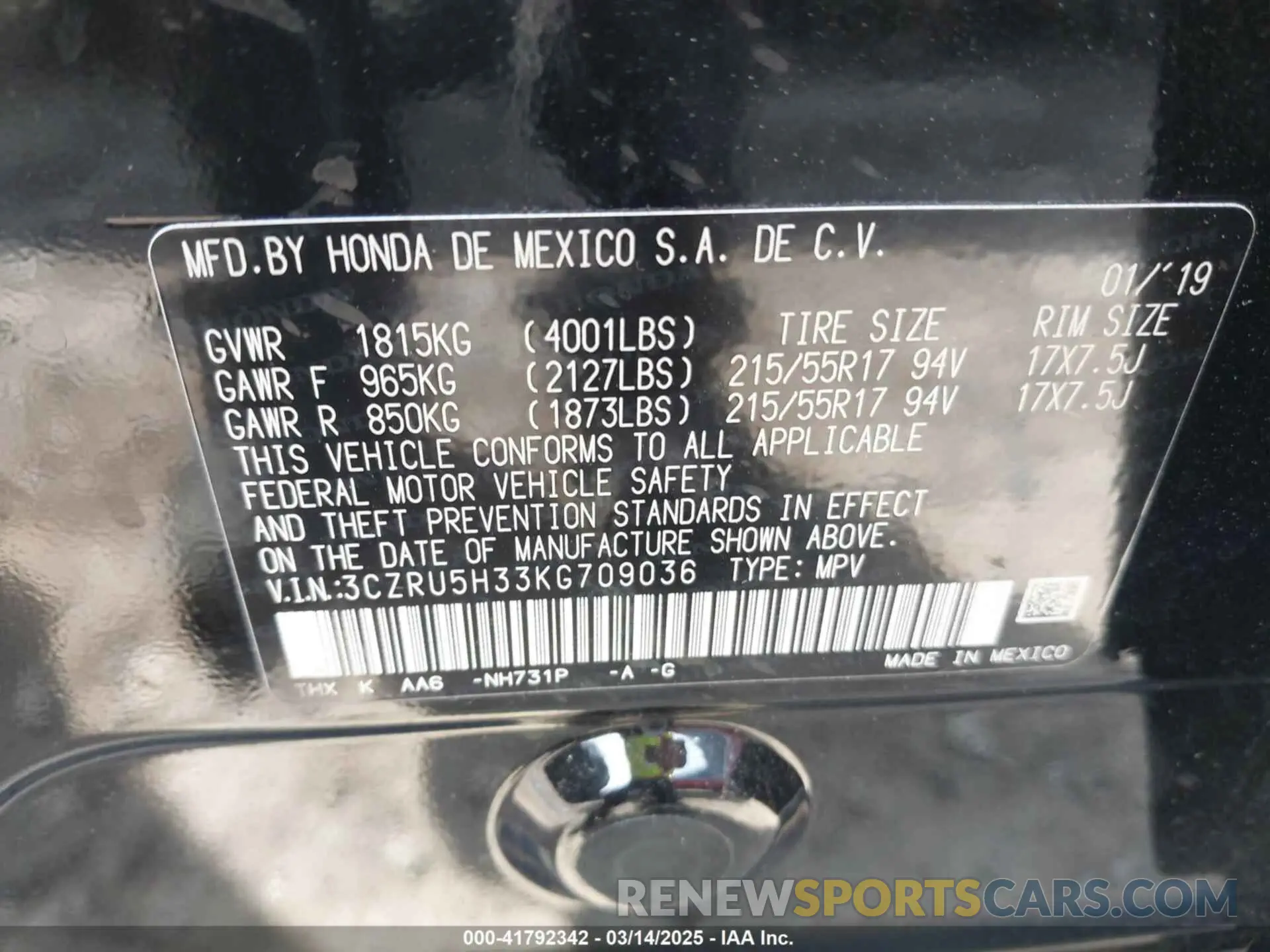 9 Photograph of a damaged car 3CZRU5H33KG709036 HONDA HR-V 2019