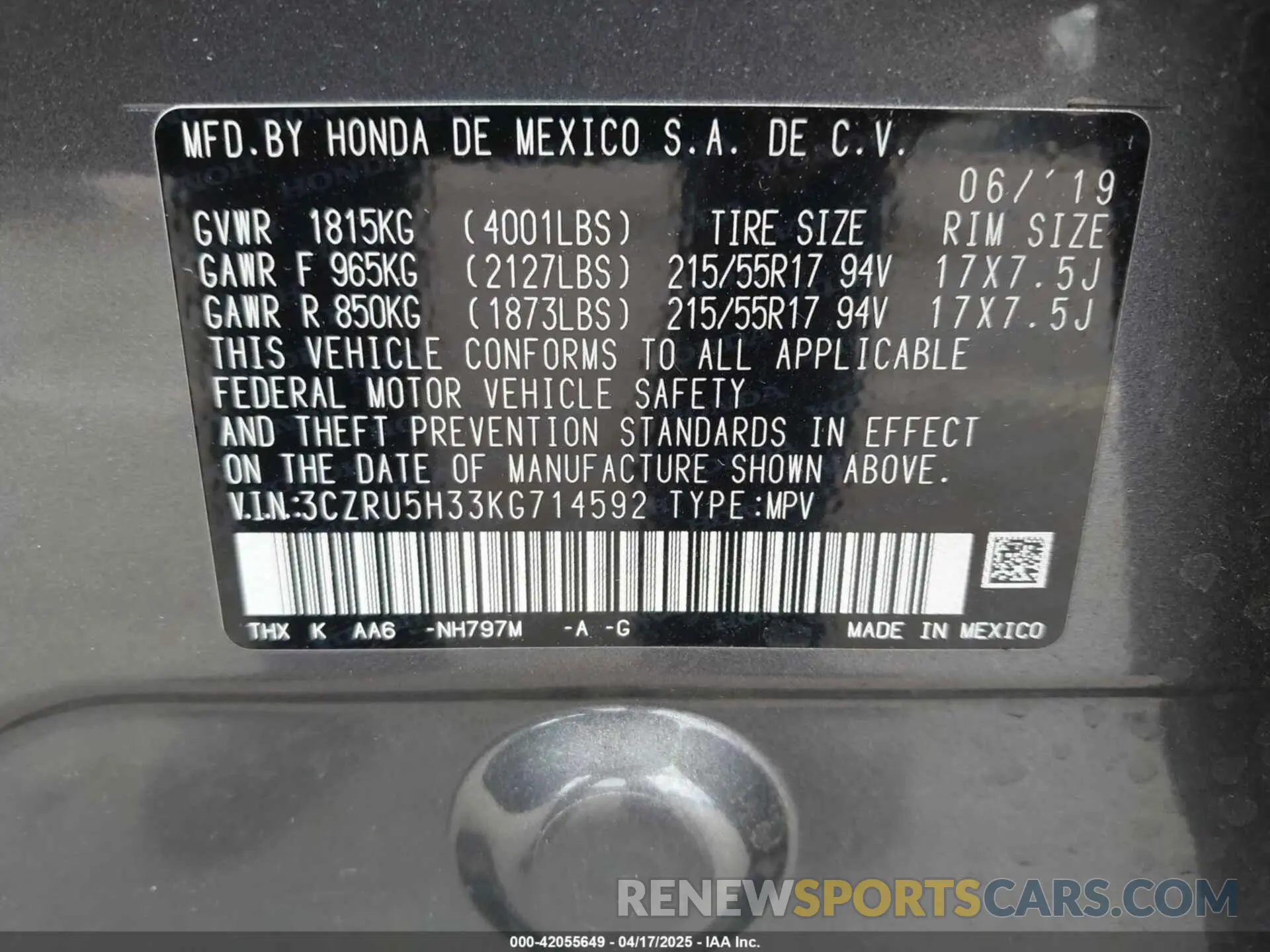 9 Photograph of a damaged car 3CZRU5H33KG714592 HONDA HR-V 2019