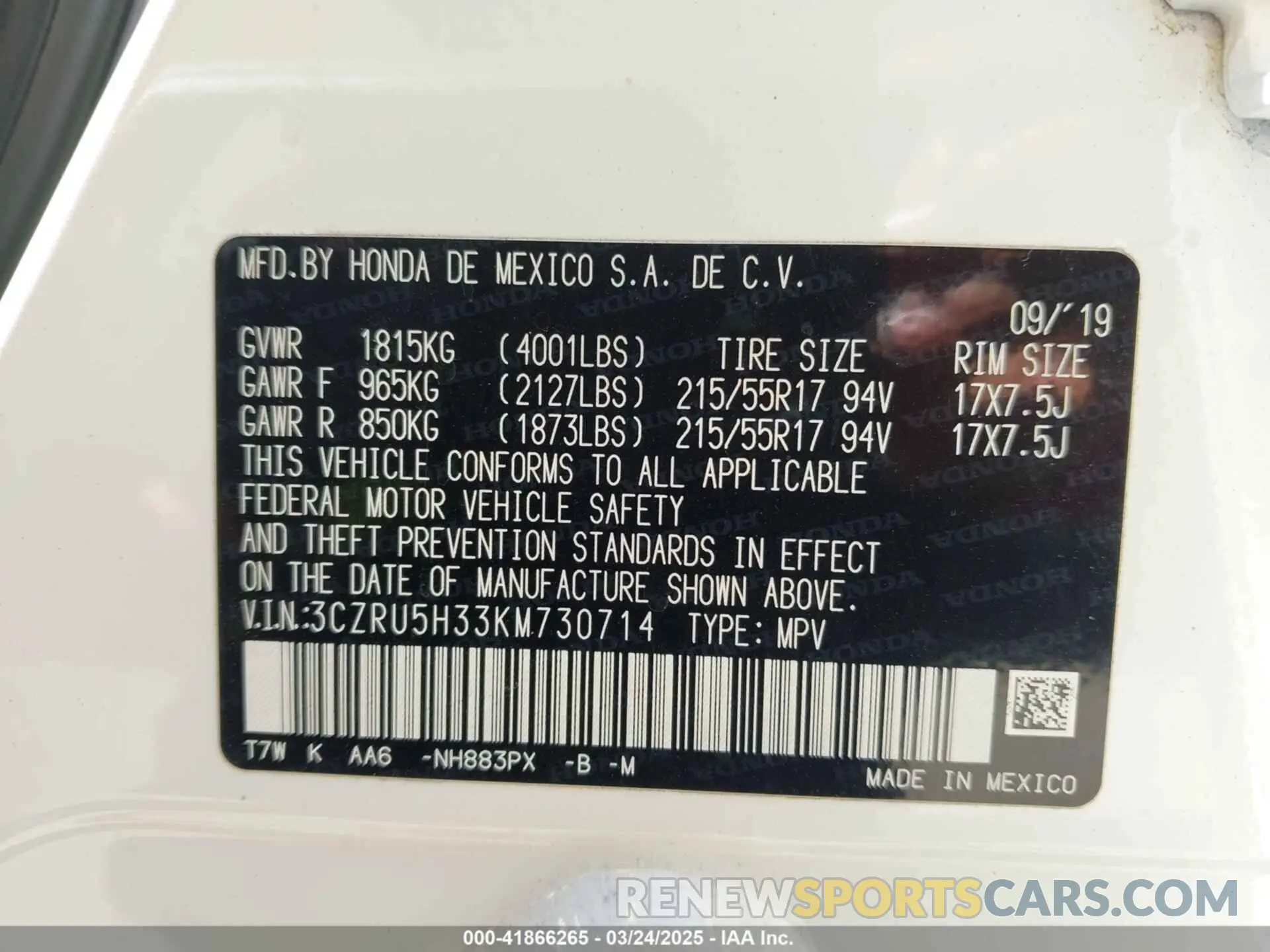 9 Photograph of a damaged car 3CZRU5H33KM730714 HONDA HR-V 2019