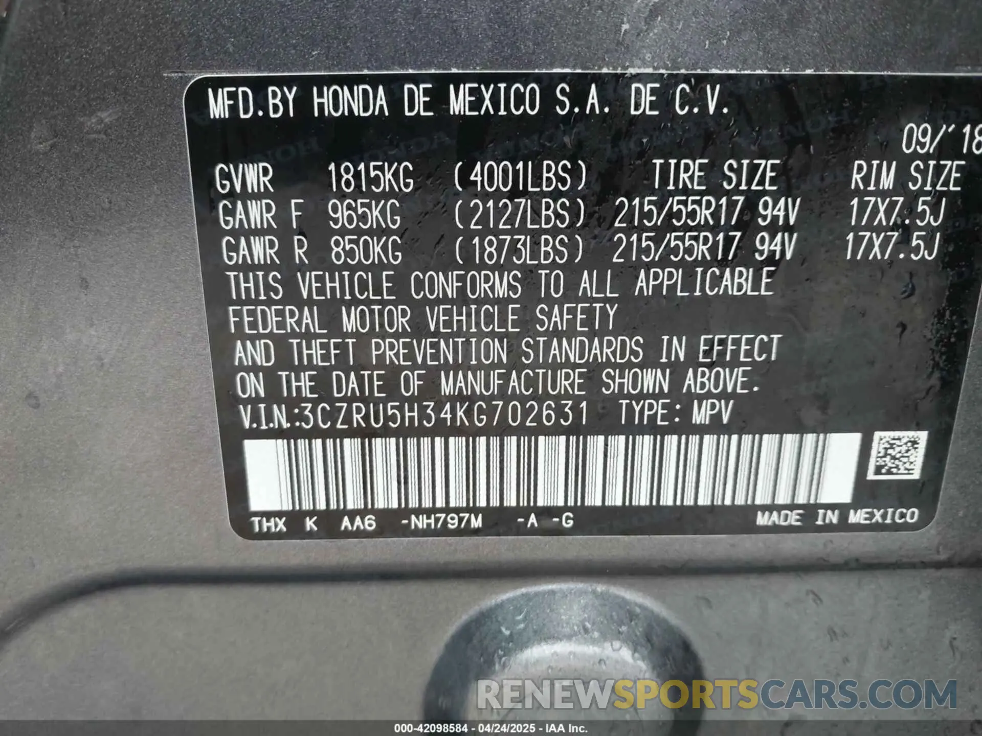 9 Photograph of a damaged car 3CZRU5H34KG702631 HONDA HR-V 2019