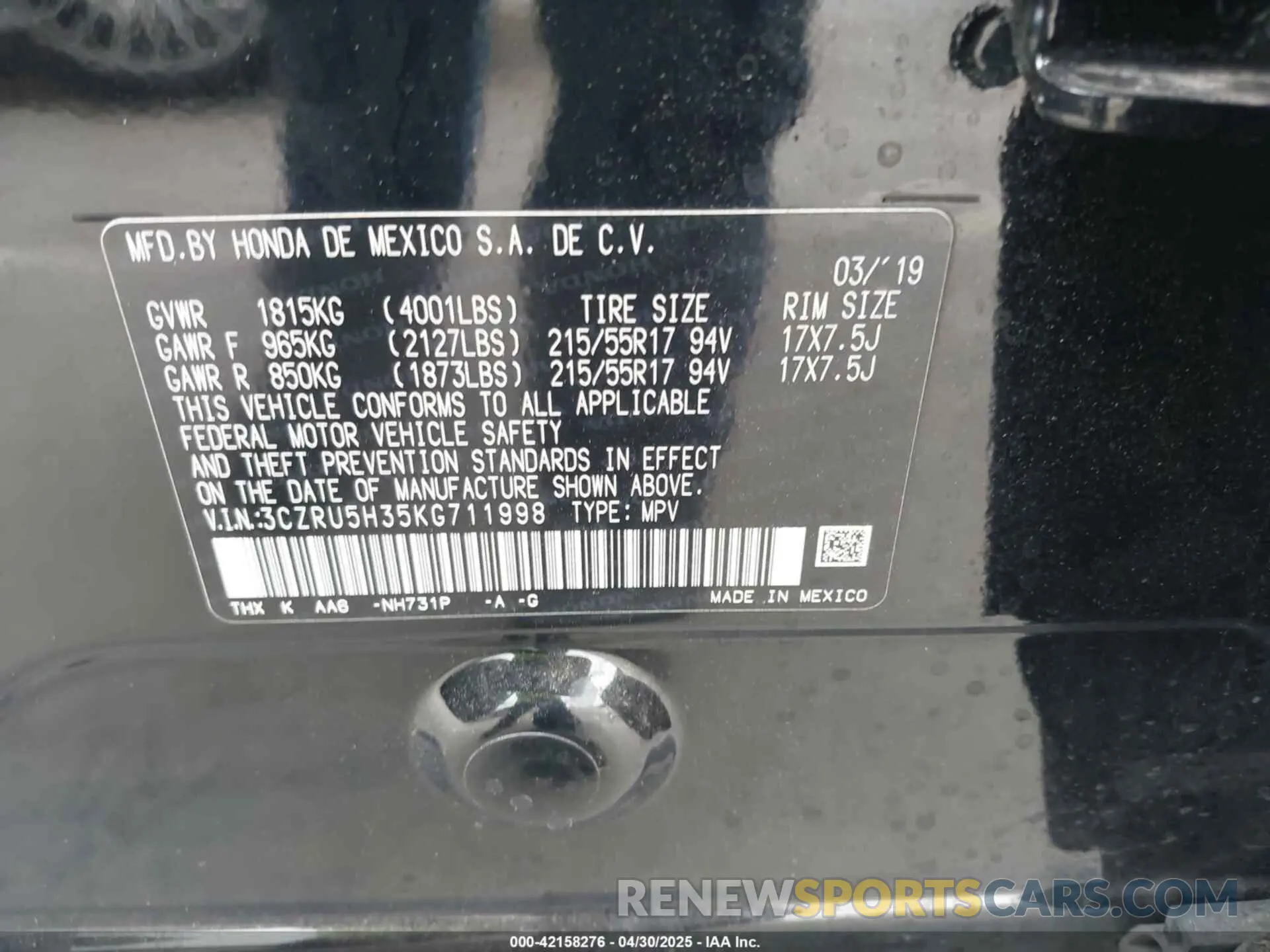 9 Photograph of a damaged car 3CZRU5H35KG711998 HONDA HR-V 2019