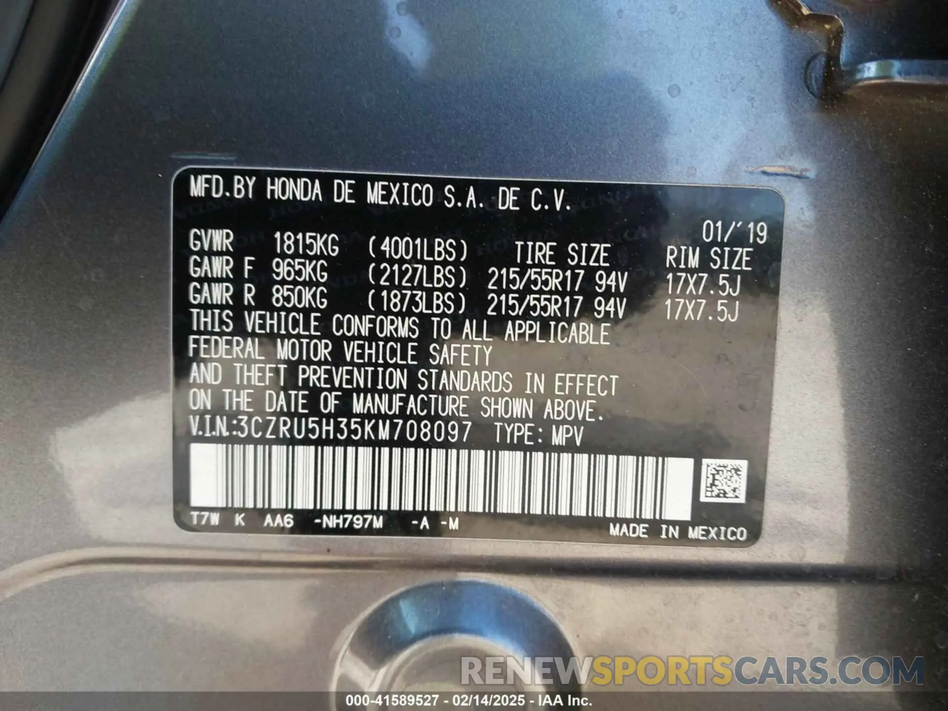 9 Photograph of a damaged car 3CZRU5H35KM708097 HONDA HR-V 2019