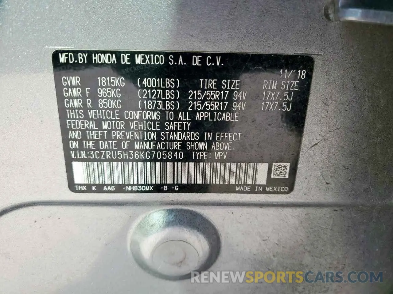 13 Photograph of a damaged car 3CZRU5H36KG705840 HONDA HR-V 2019