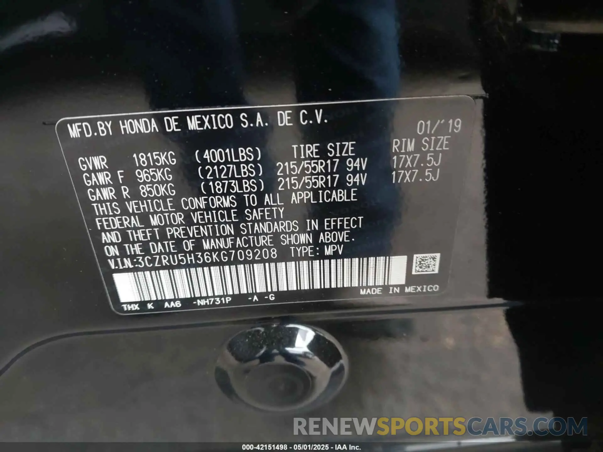 9 Photograph of a damaged car 3CZRU5H36KG709208 HONDA HR-V 2019