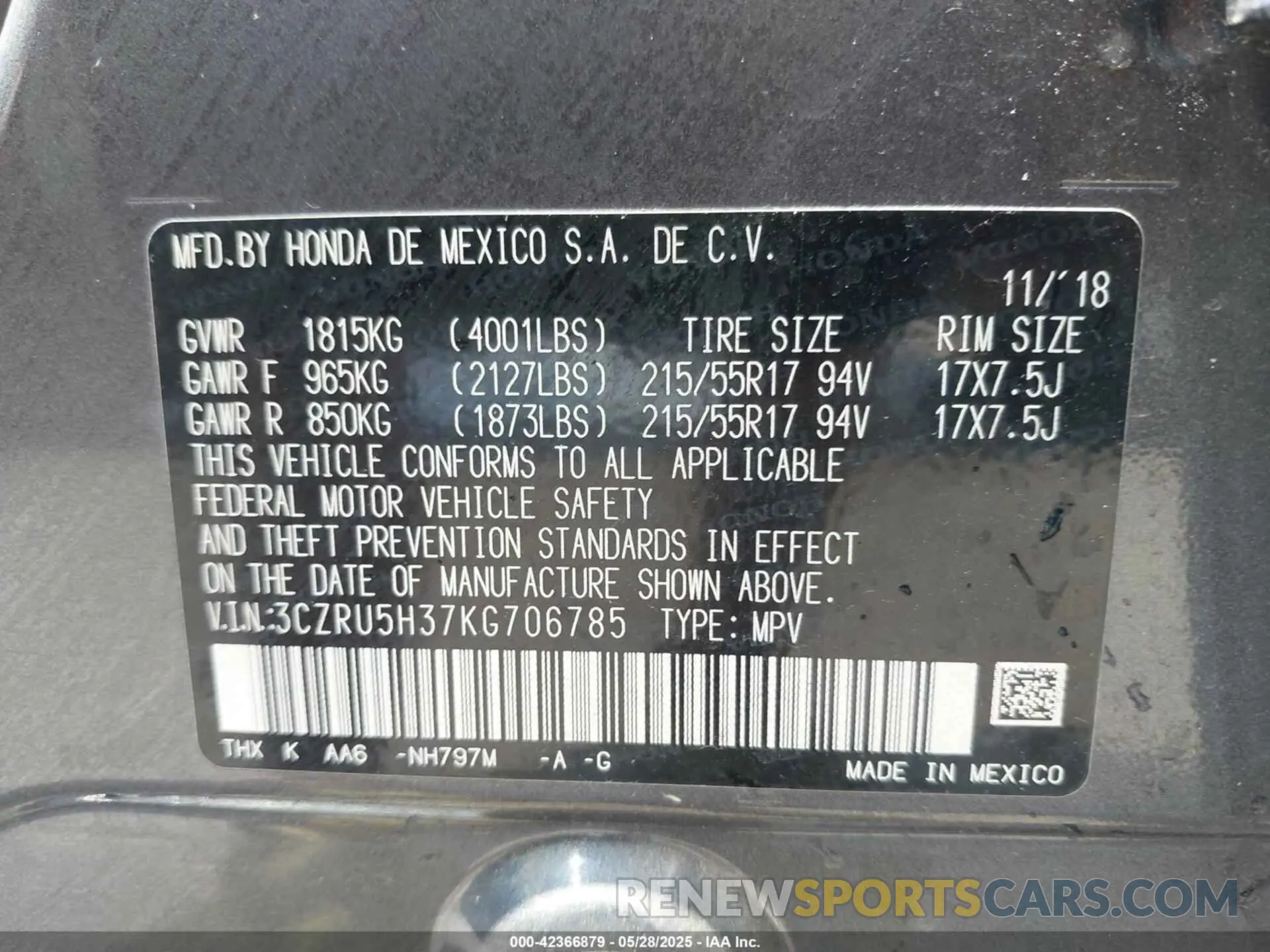 9 Photograph of a damaged car 3CZRU5H37KG706785 HONDA HR-V 2019