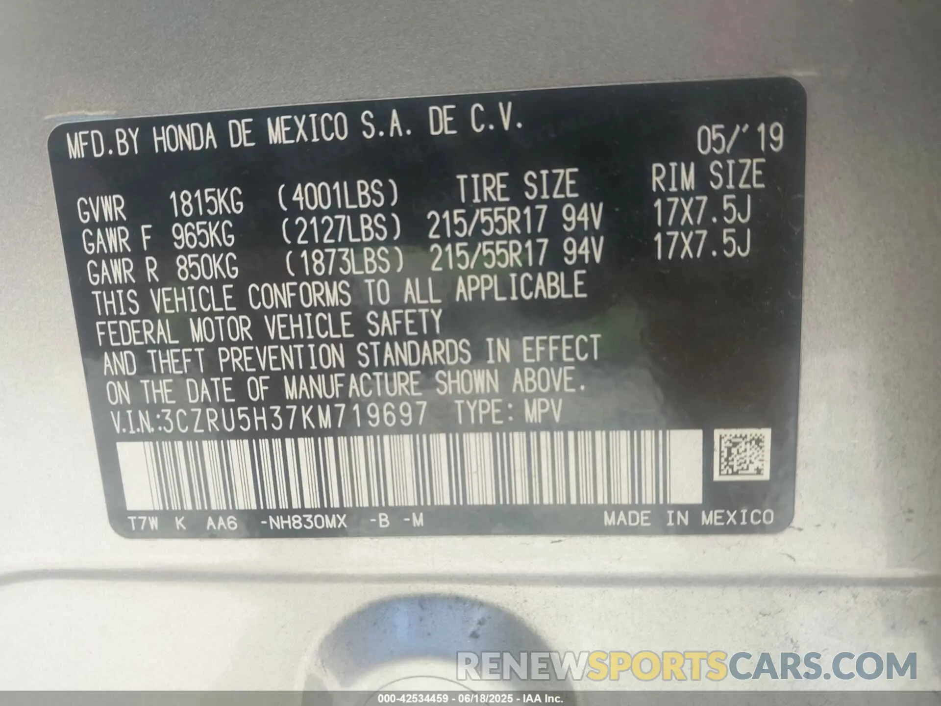 9 Photograph of a damaged car 3CZRU5H37KM719697 HONDA HR-V 2019