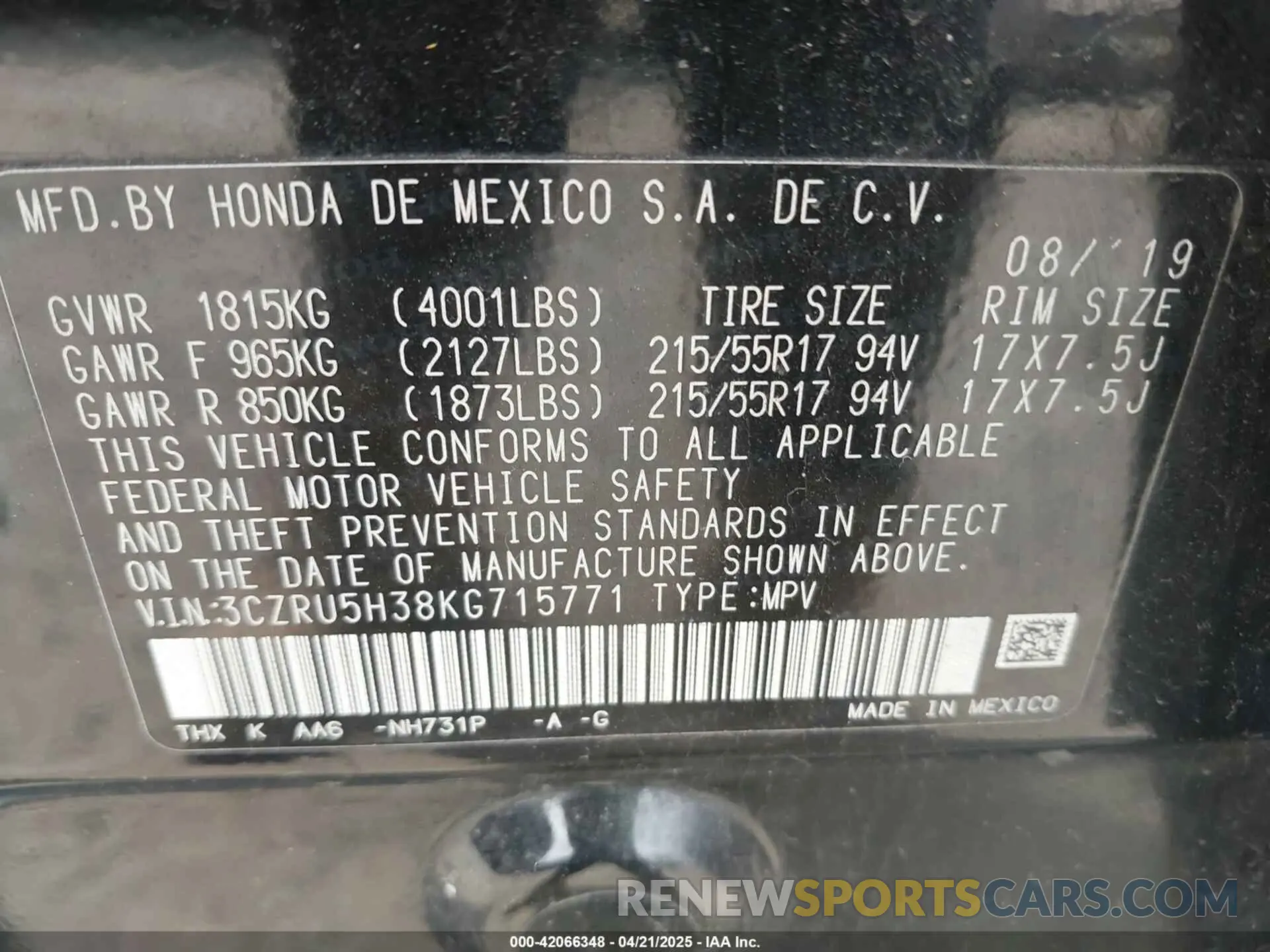 9 Photograph of a damaged car 3CZRU5H38KG715771 HONDA HR-V 2019