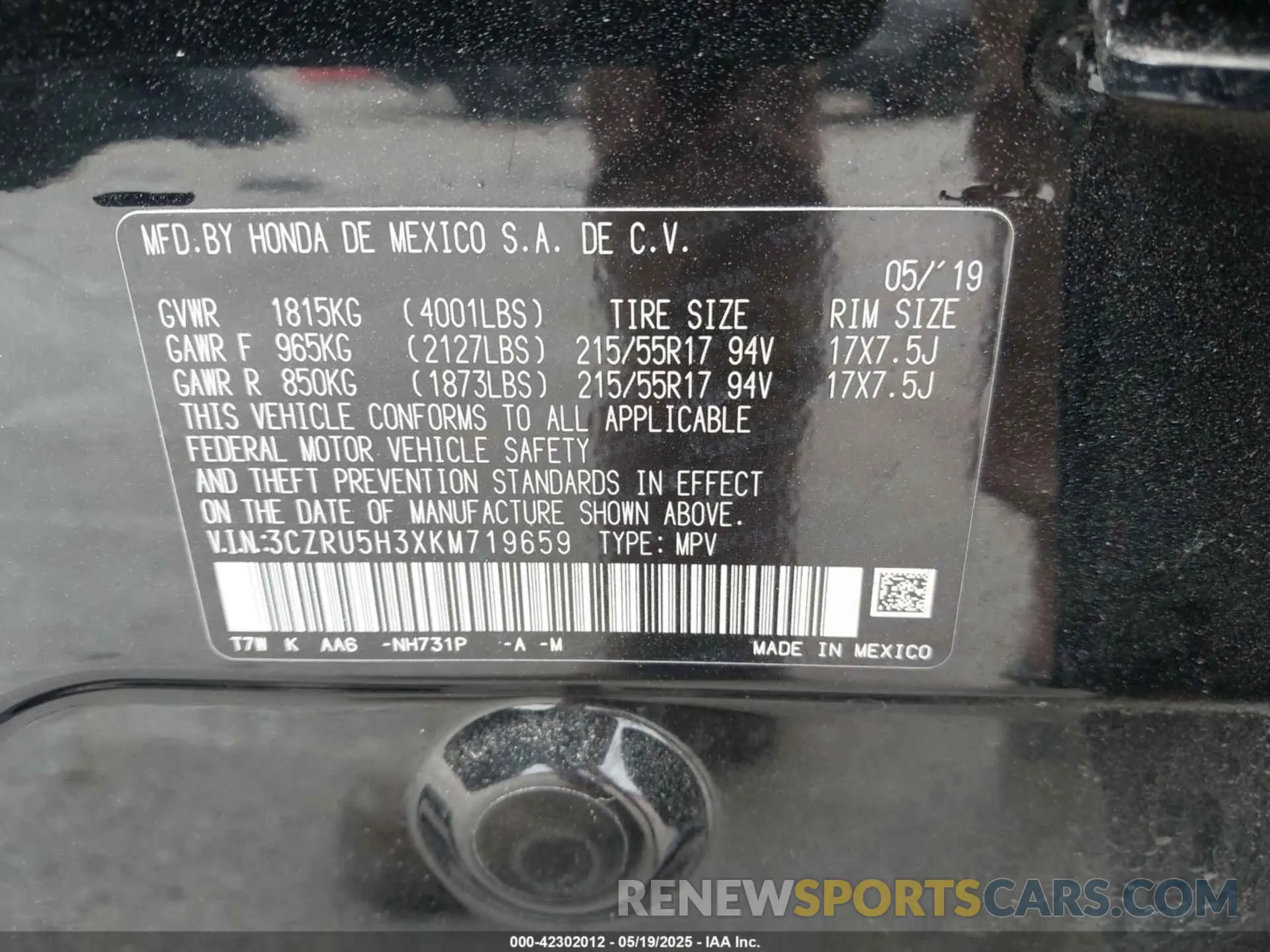 9 Photograph of a damaged car 3CZRU5H3XKM719659 HONDA HR-V 2019