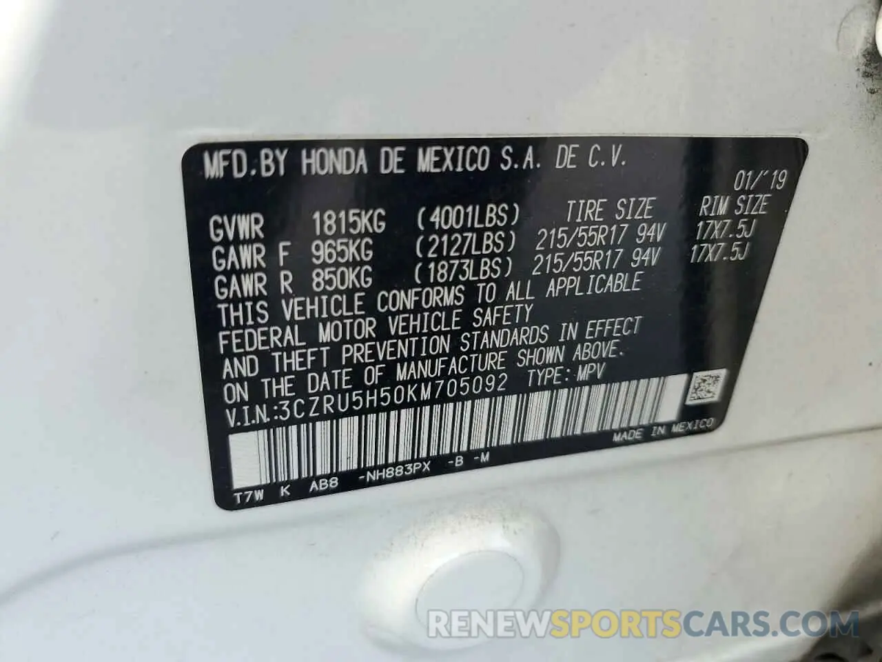 13 Photograph of a damaged car 3CZRU5H50KM705092 HONDA HR-V 2019