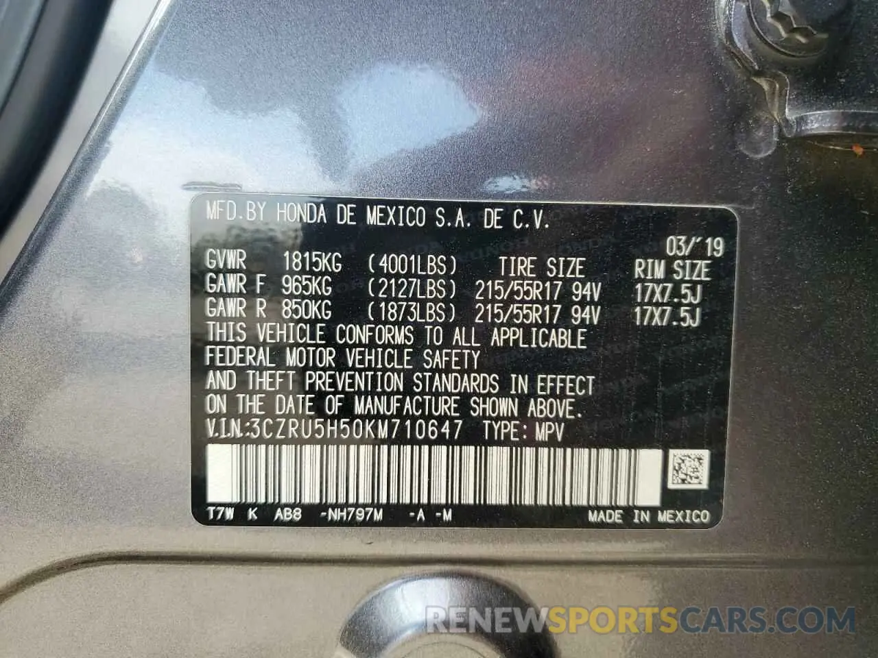 13 Photograph of a damaged car 3CZRU5H50KM710647 HONDA HR-V 2019