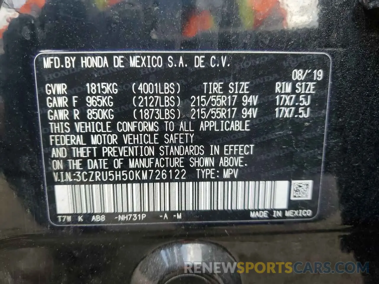 15 Photograph of a damaged car 3CZRU5H50KM726122 HONDA HR-V 2019