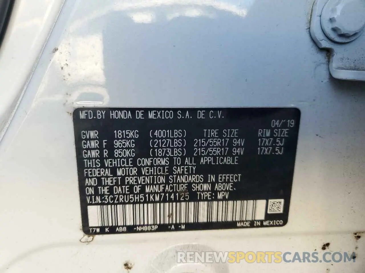 13 Photograph of a damaged car 3CZRU5H51KM714125 HONDA HR-V 2019