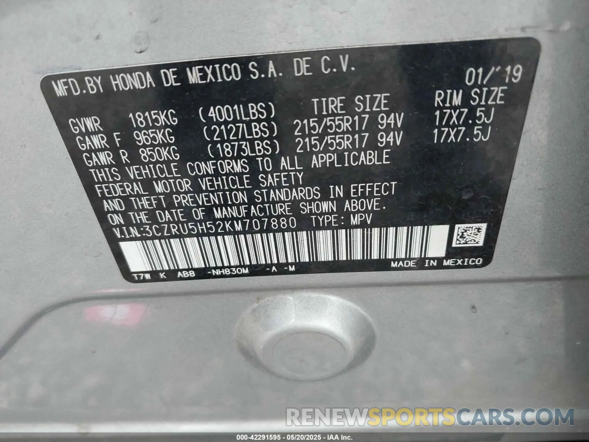 9 Photograph of a damaged car 3CZRU5H52KM707880 HONDA HR-V 2019