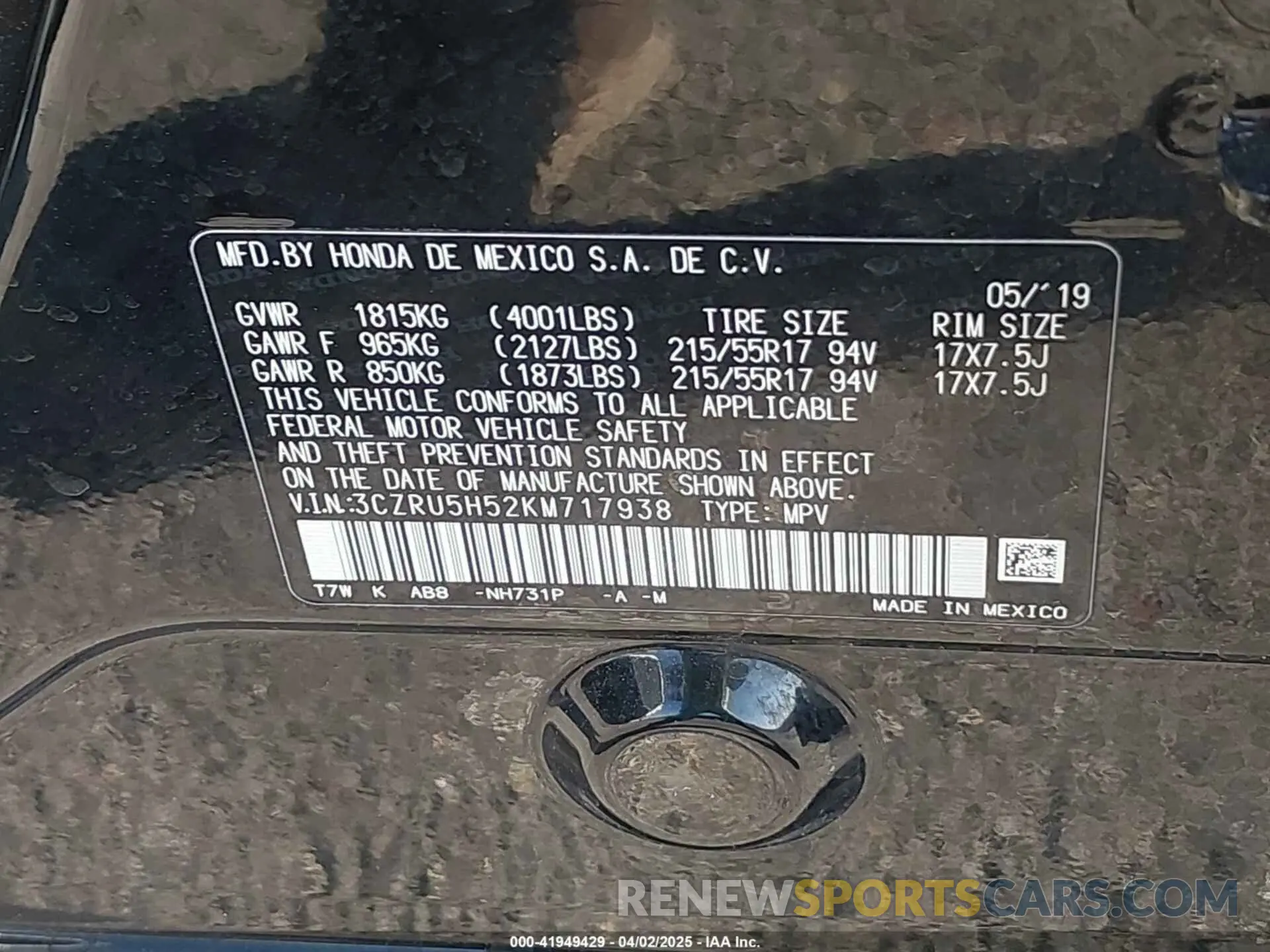 9 Photograph of a damaged car 3CZRU5H52KM717938 HONDA HR-V 2019