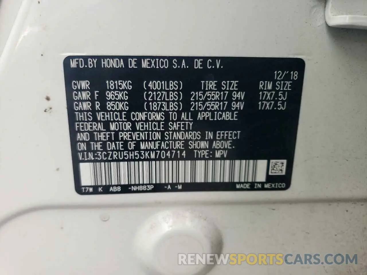 13 Photograph of a damaged car 3CZRU5H53KM704714 HONDA HR-V 2019