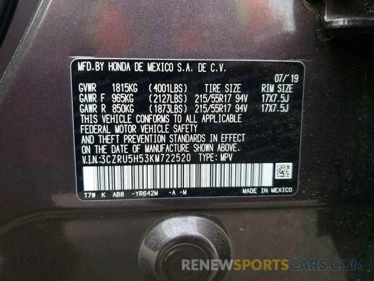 13 Photograph of a damaged car 3CZRU5H53KM722520 HONDA HR-V 2019