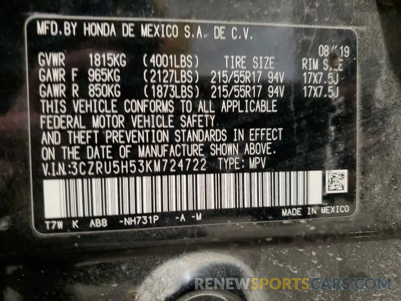13 Photograph of a damaged car 3CZRU5H53KM724722 HONDA HR-V 2019