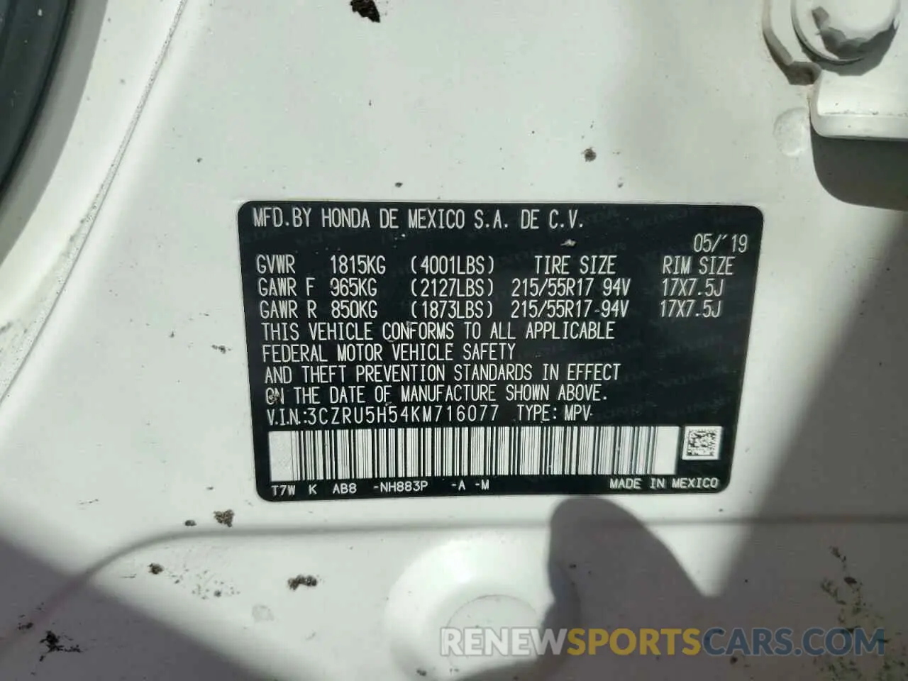 12 Photograph of a damaged car 3CZRU5H54KM716077 HONDA HR-V 2019