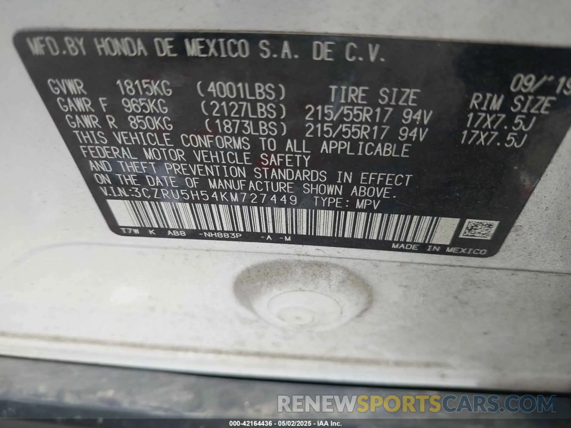 9 Photograph of a damaged car 3CZRU5H54KM727449 HONDA HR-V 2019