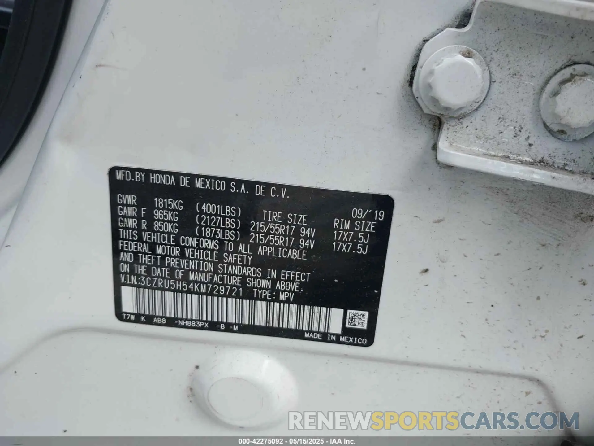 9 Photograph of a damaged car 3CZRU5H54KM729721 HONDA HR-V 2019