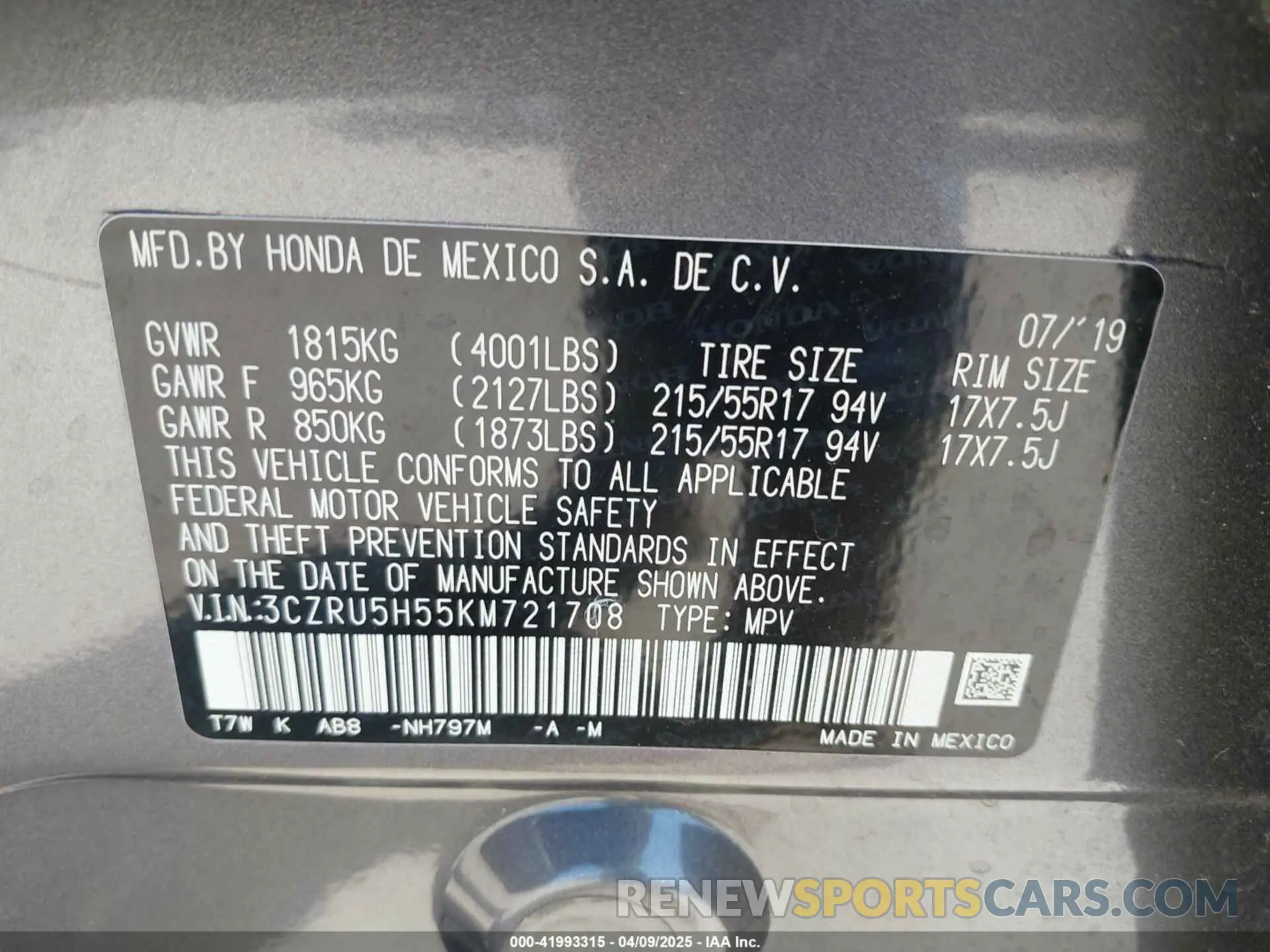 9 Photograph of a damaged car 3CZRU5H55KM721708 HONDA HR-V 2019