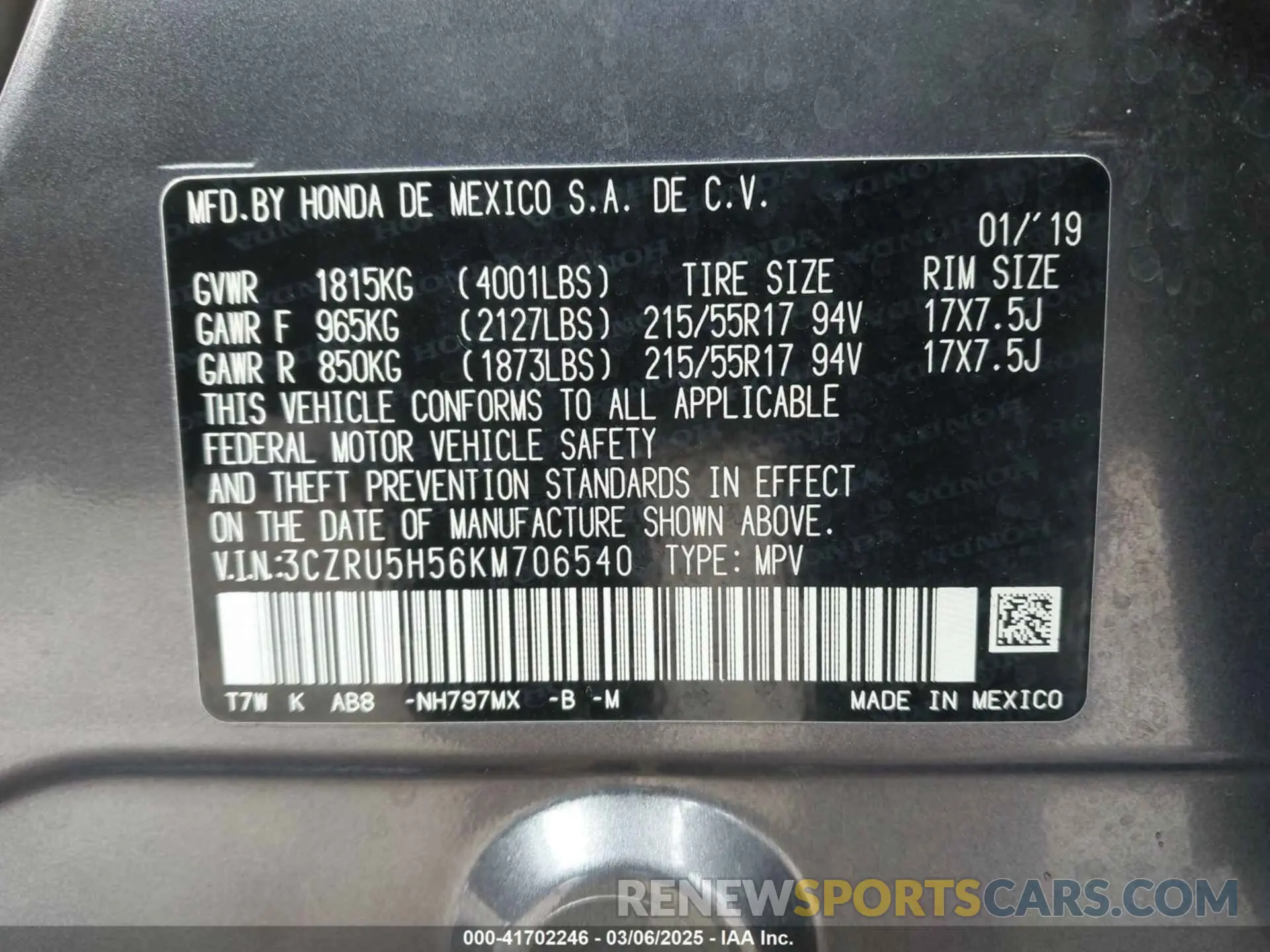 9 Photograph of a damaged car 3CZRU5H56KM706540 HONDA HR-V 2019