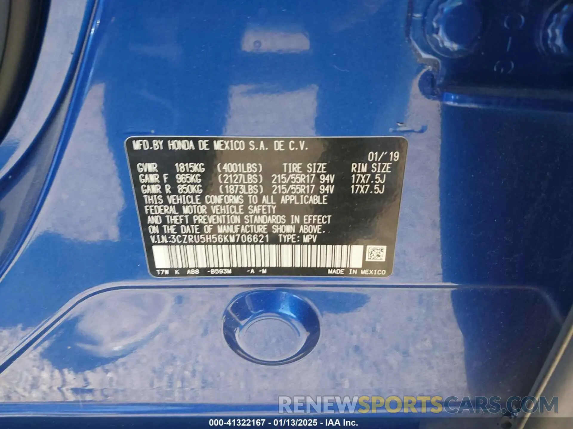9 Photograph of a damaged car 3CZRU5H56KM706621 HONDA HR-V 2019
