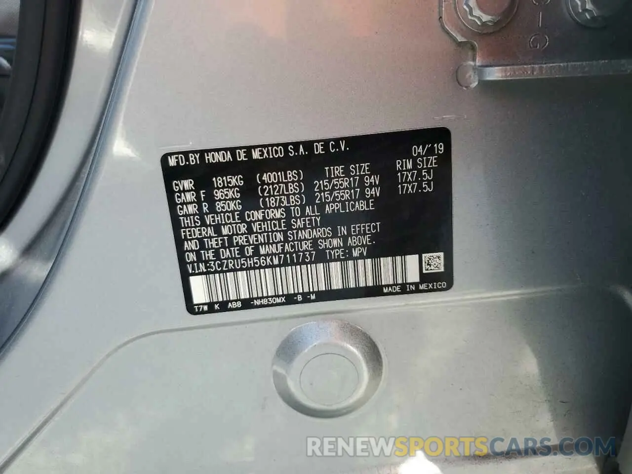 12 Photograph of a damaged car 3CZRU5H56KM711737 HONDA HR-V 2019