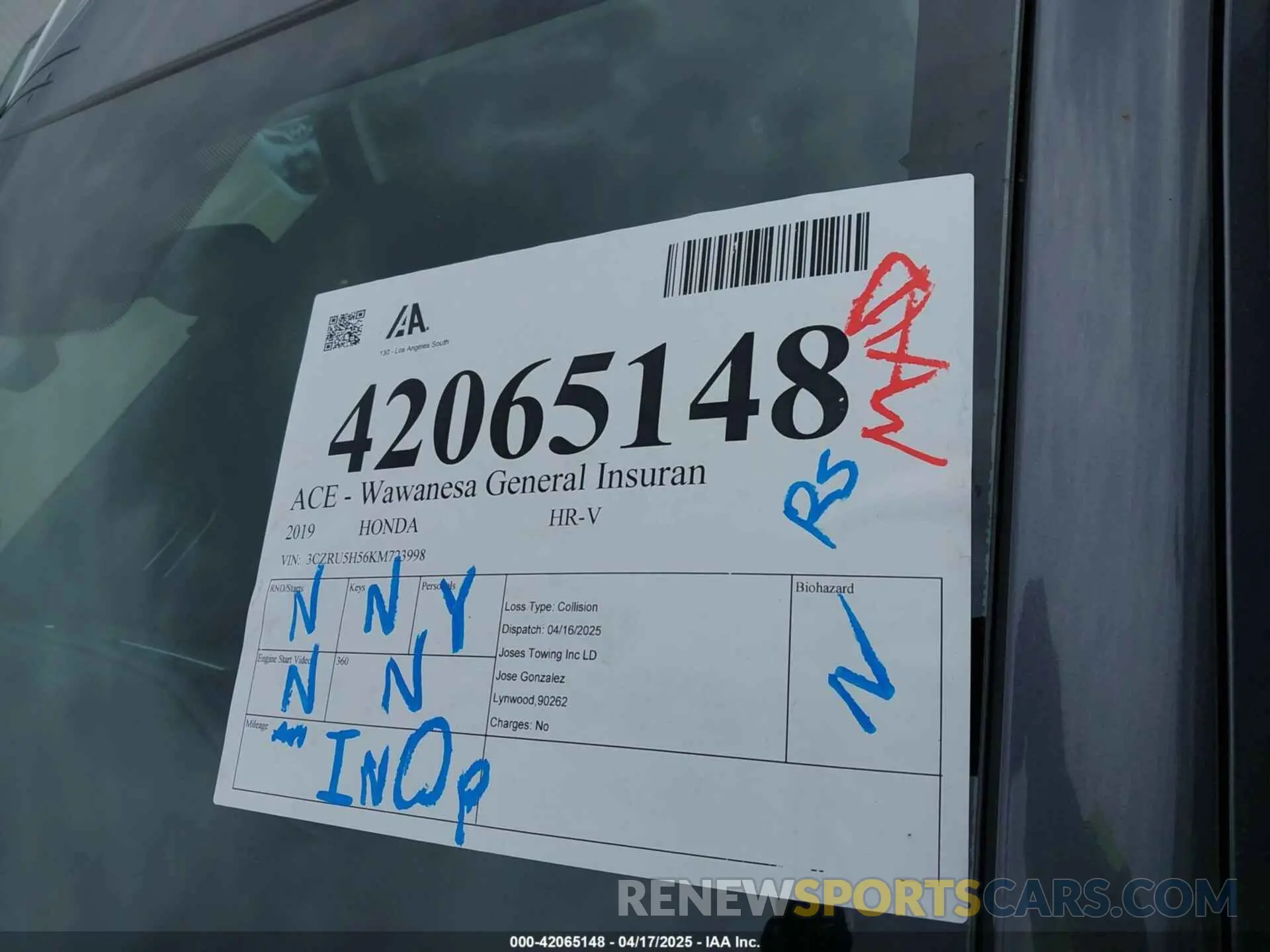 16 Photograph of a damaged car 3CZRU5H56KM723998 HONDA HR-V 2019