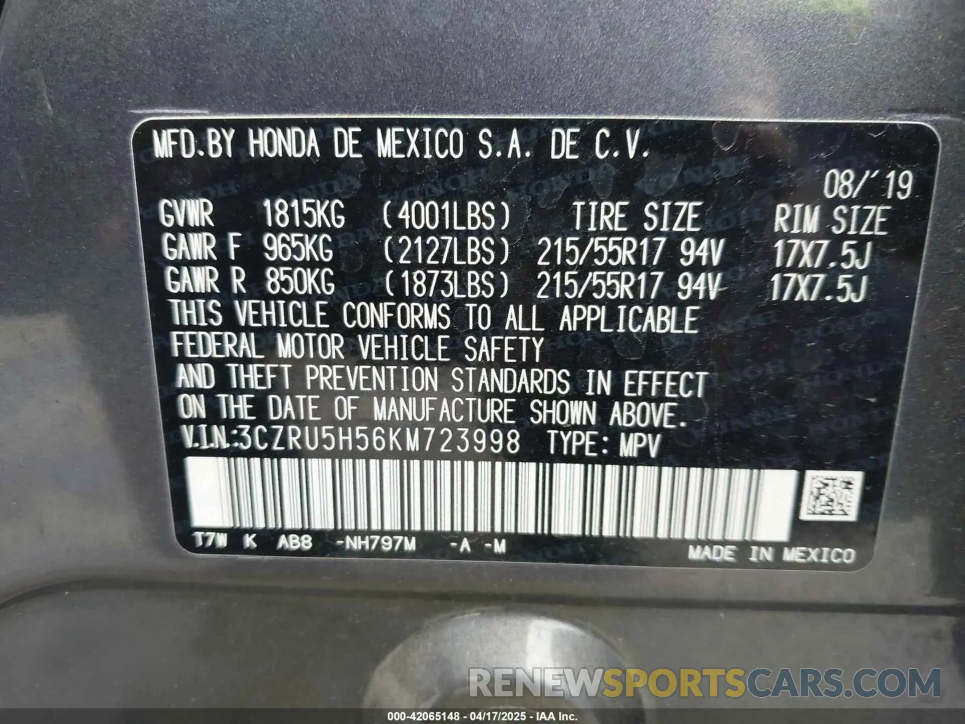 9 Photograph of a damaged car 3CZRU5H56KM723998 HONDA HR-V 2019