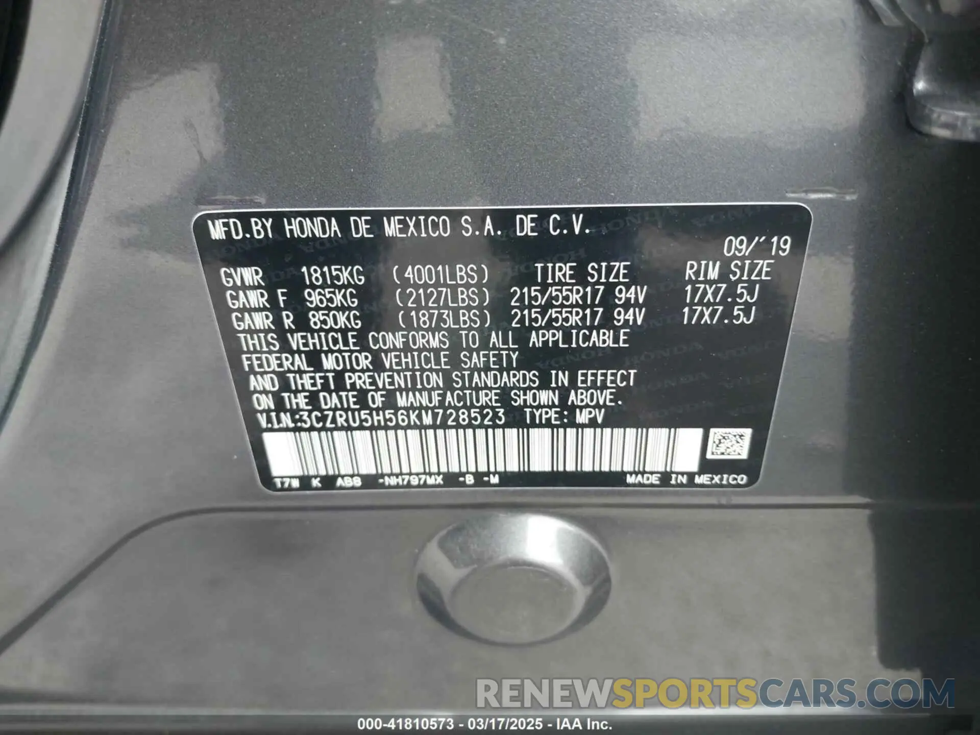 9 Photograph of a damaged car 3CZRU5H56KM728523 HONDA HR-V 2019