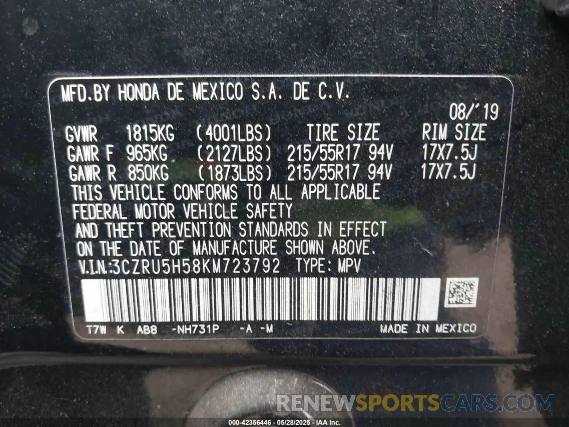 9 Photograph of a damaged car 3CZRU5H58KM723792 HONDA HR-V 2019