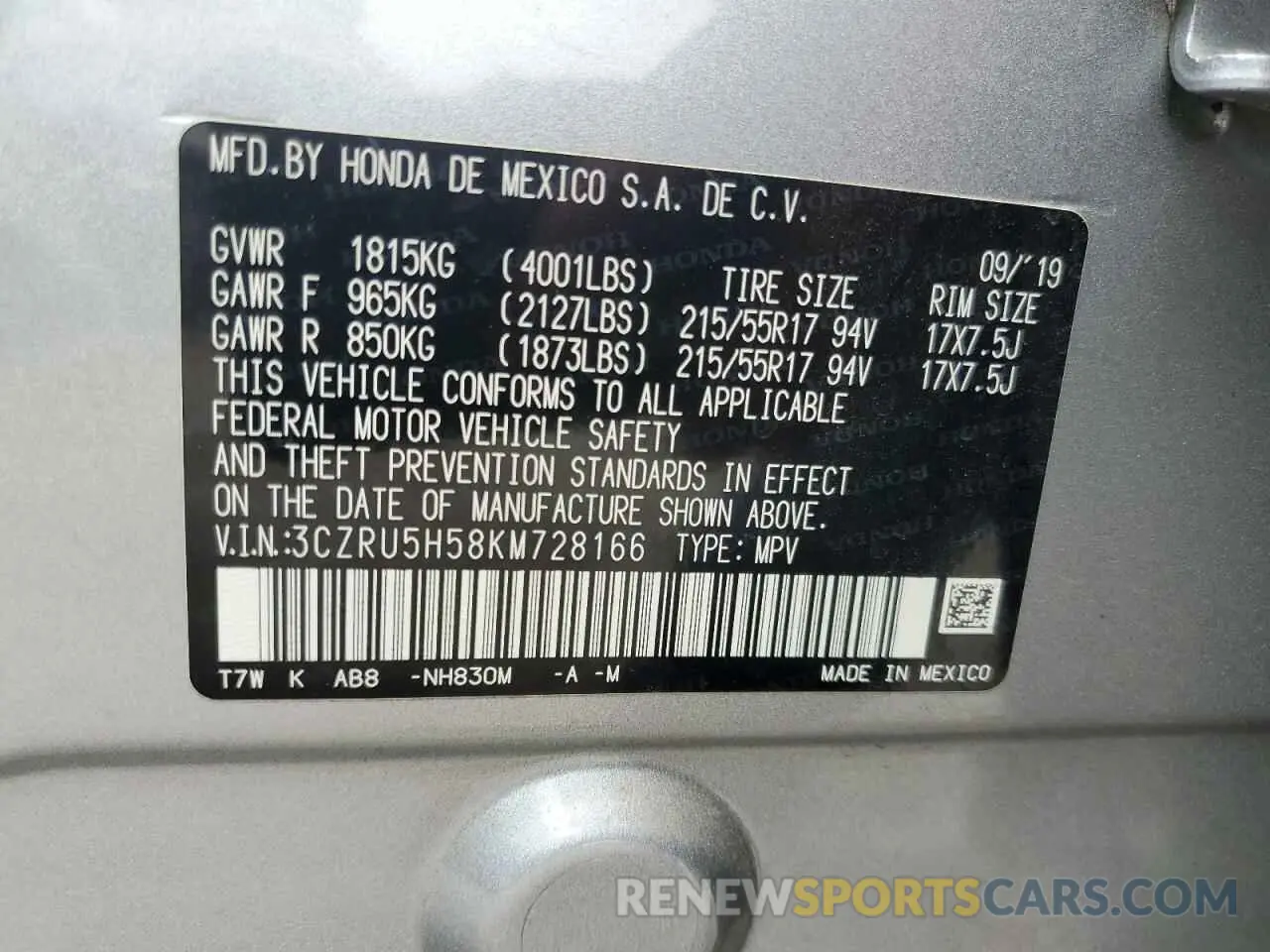 15 Photograph of a damaged car 3CZRU5H58KM728166 HONDA HR-V 2019