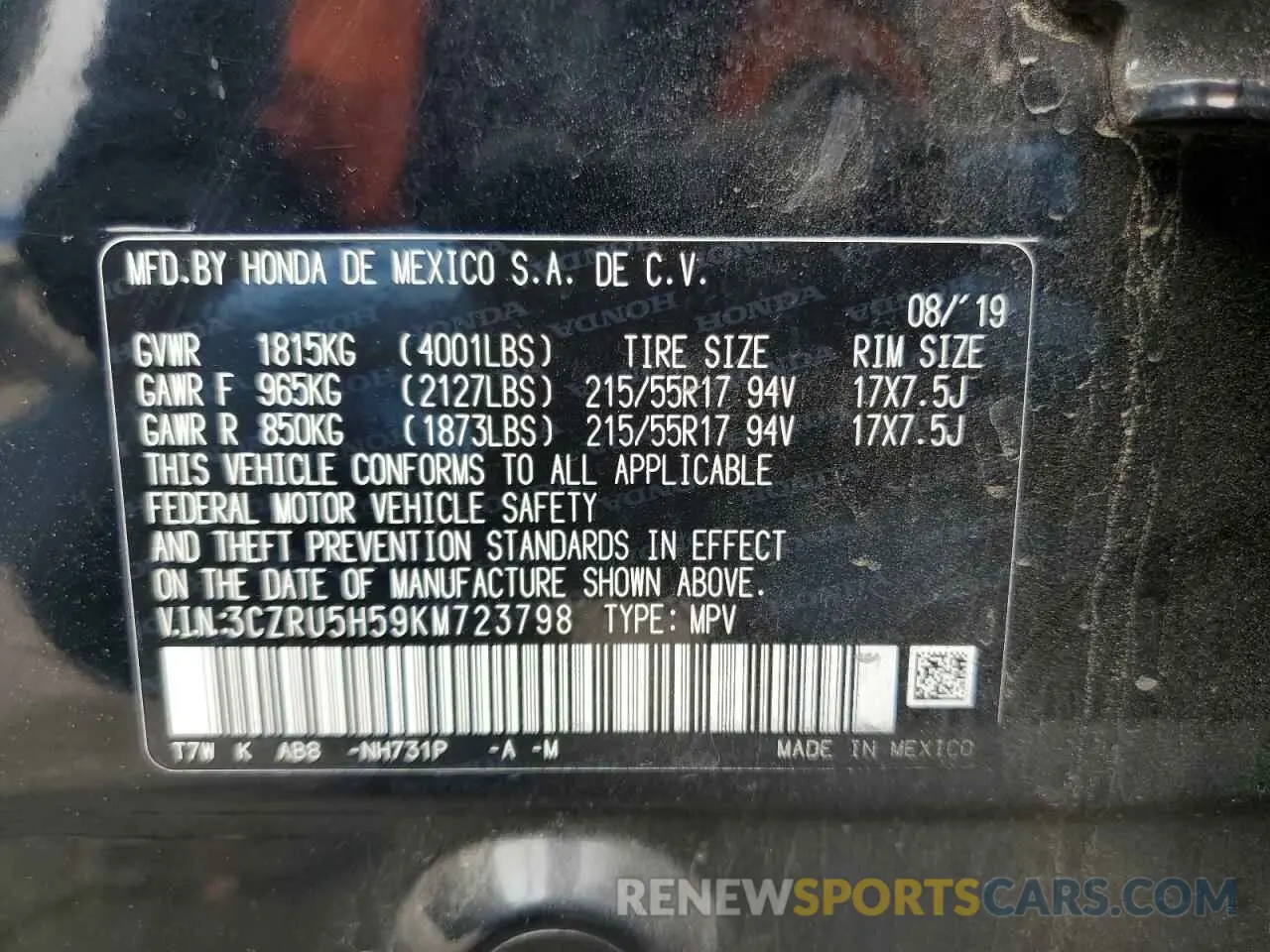 14 Photograph of a damaged car 3CZRU5H59KM723798 HONDA HR-V 2019