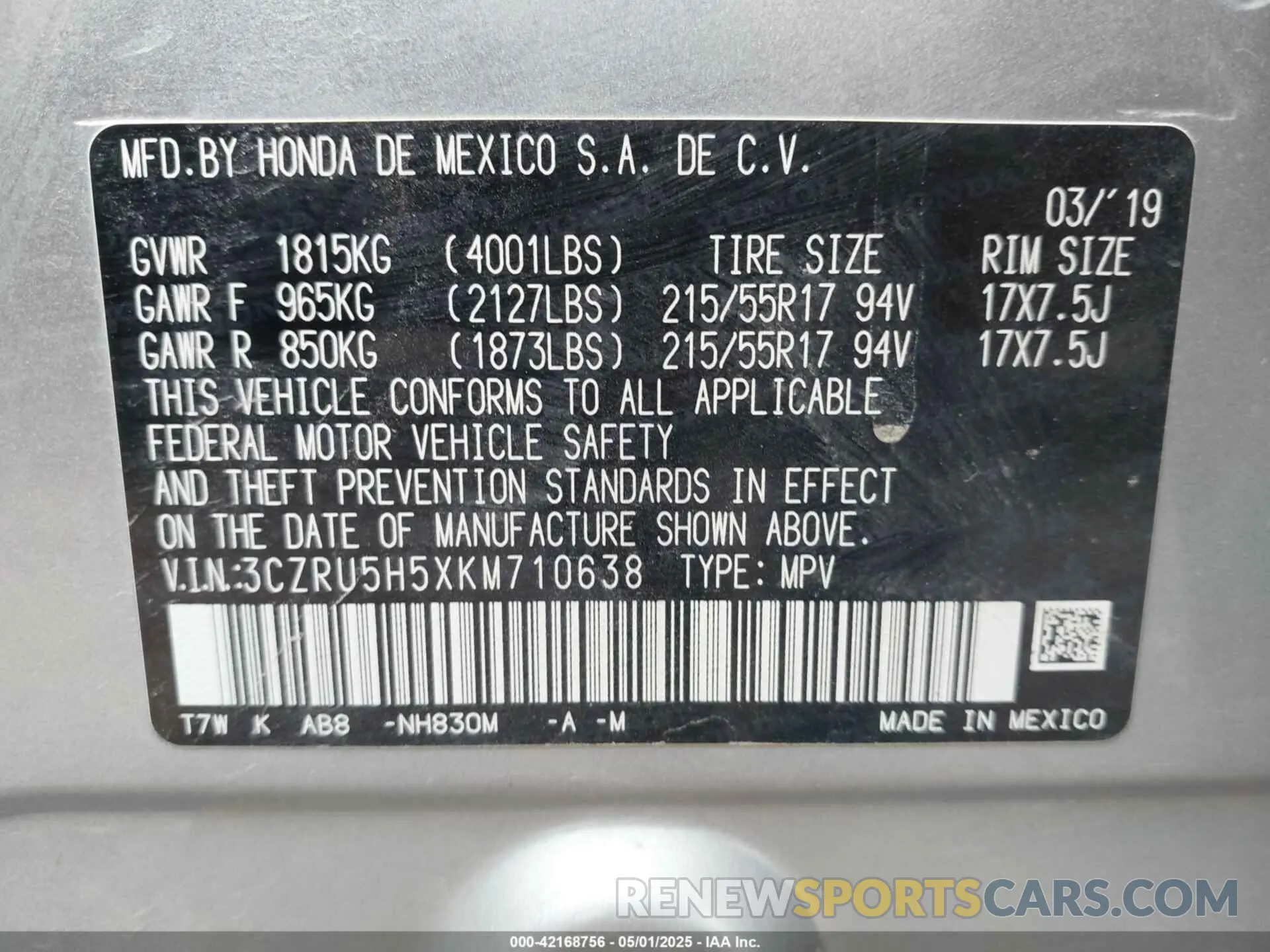 9 Photograph of a damaged car 3CZRU5H5XKM710638 HONDA HR-V 2019