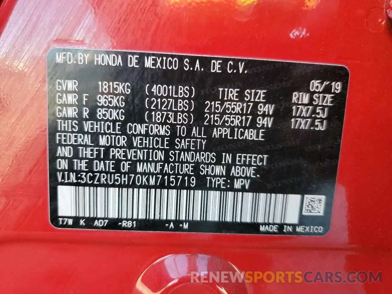 16 Photograph of a damaged car 3CZRU5H70KM715719 HONDA HR-V 2019