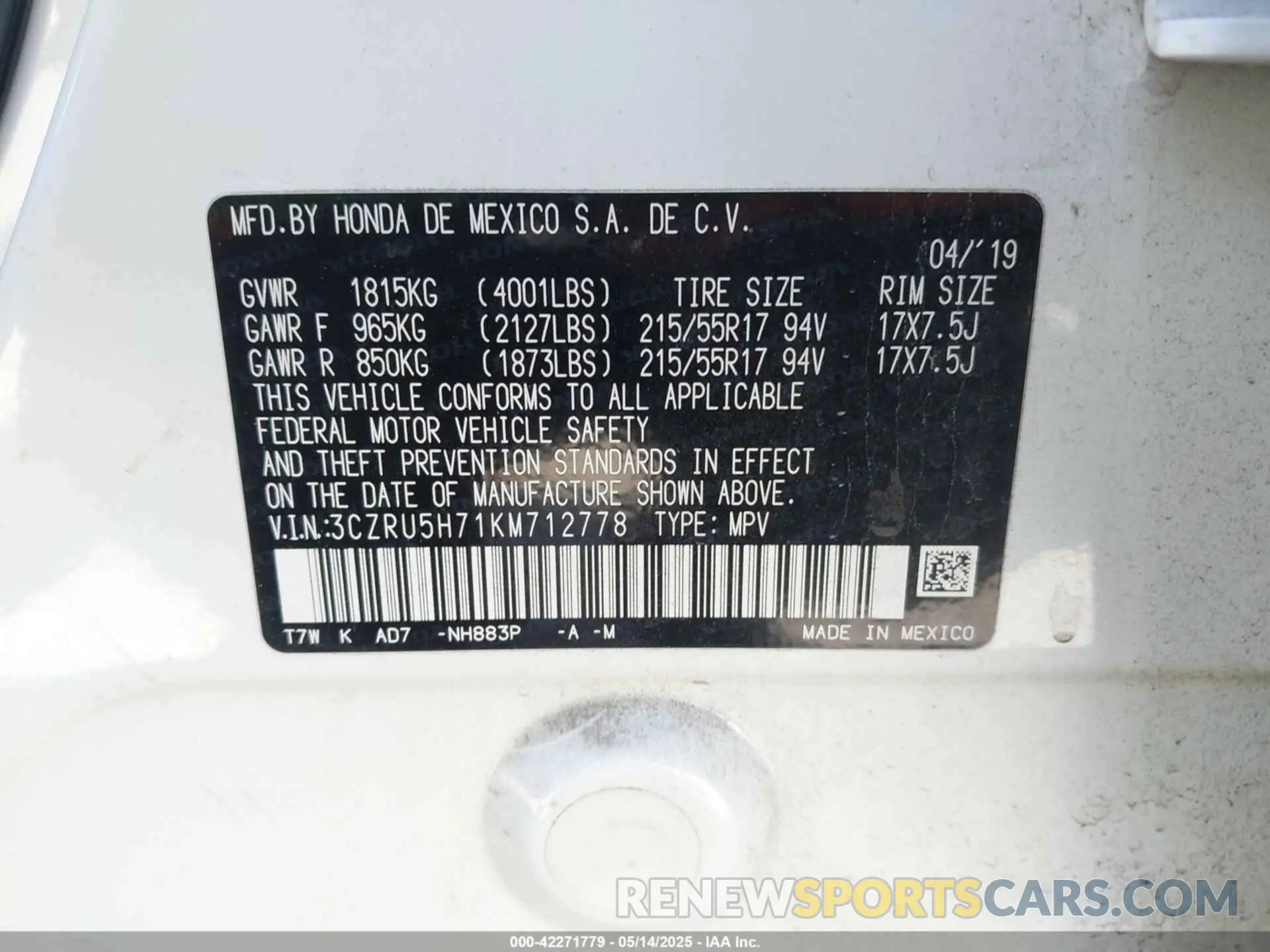 9 Photograph of a damaged car 3CZRU5H71KM712778 HONDA HR-V 2019