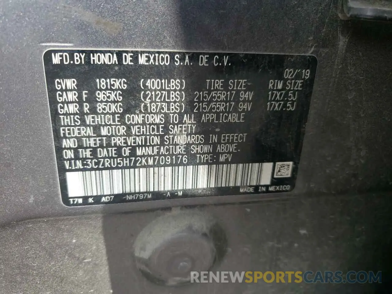 13 Photograph of a damaged car 3CZRU5H72KM709176 HONDA HR-V 2019