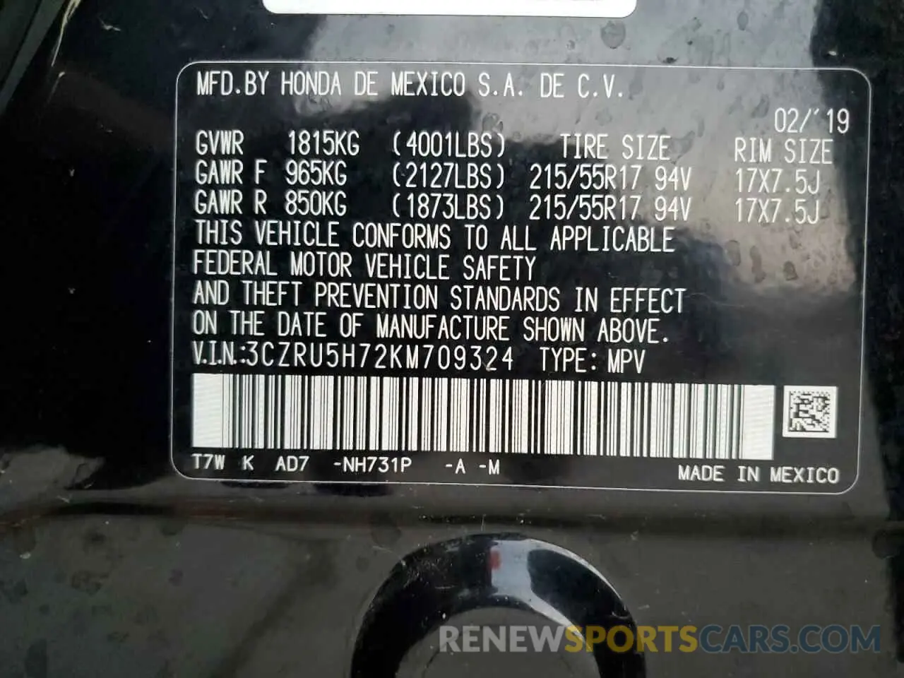 13 Photograph of a damaged car 3CZRU5H72KM709324 HONDA HR-V 2019