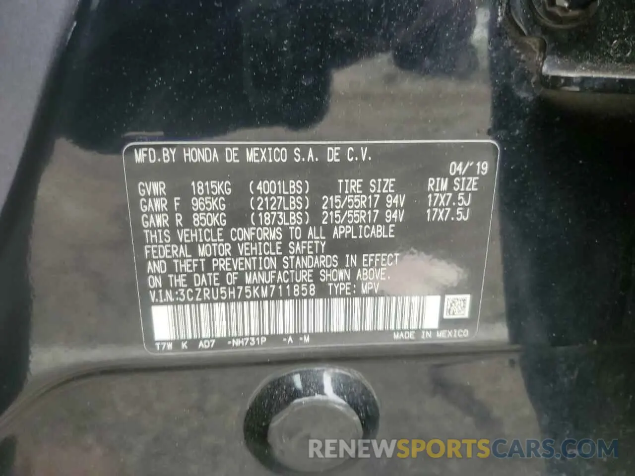 12 Photograph of a damaged car 3CZRU5H75KM711858 HONDA HR-V 2019