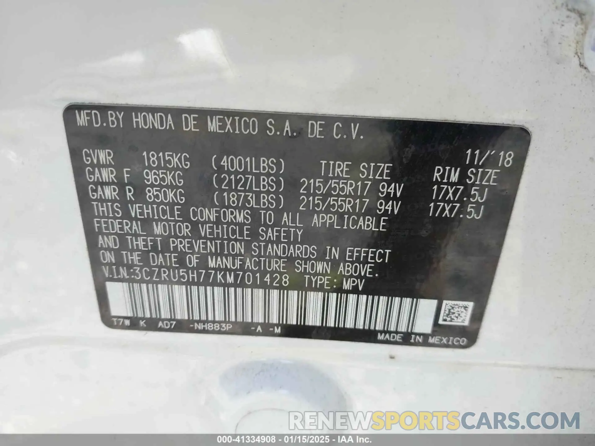 9 Photograph of a damaged car 3CZRU5H77KM701428 HONDA HR-V 2019