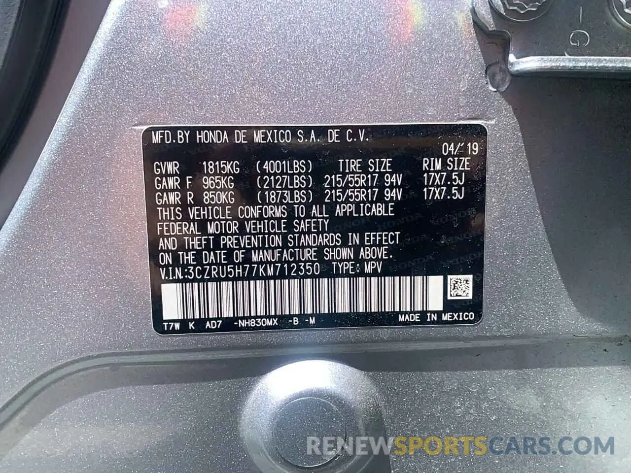 13 Photograph of a damaged car 3CZRU5H77KM712350 HONDA HR-V 2019