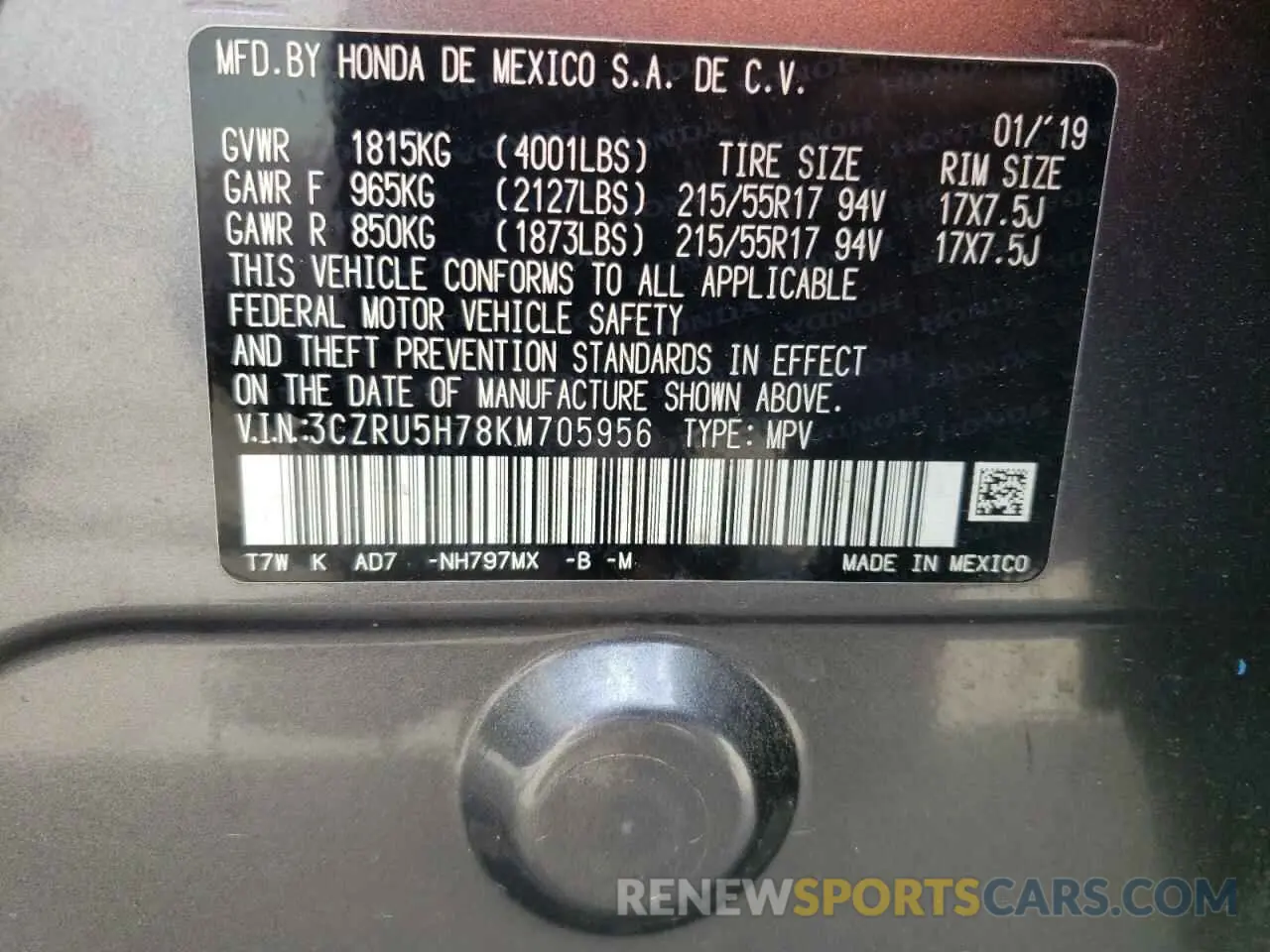 13 Photograph of a damaged car 3CZRU5H78KM705956 HONDA HR-V 2019
