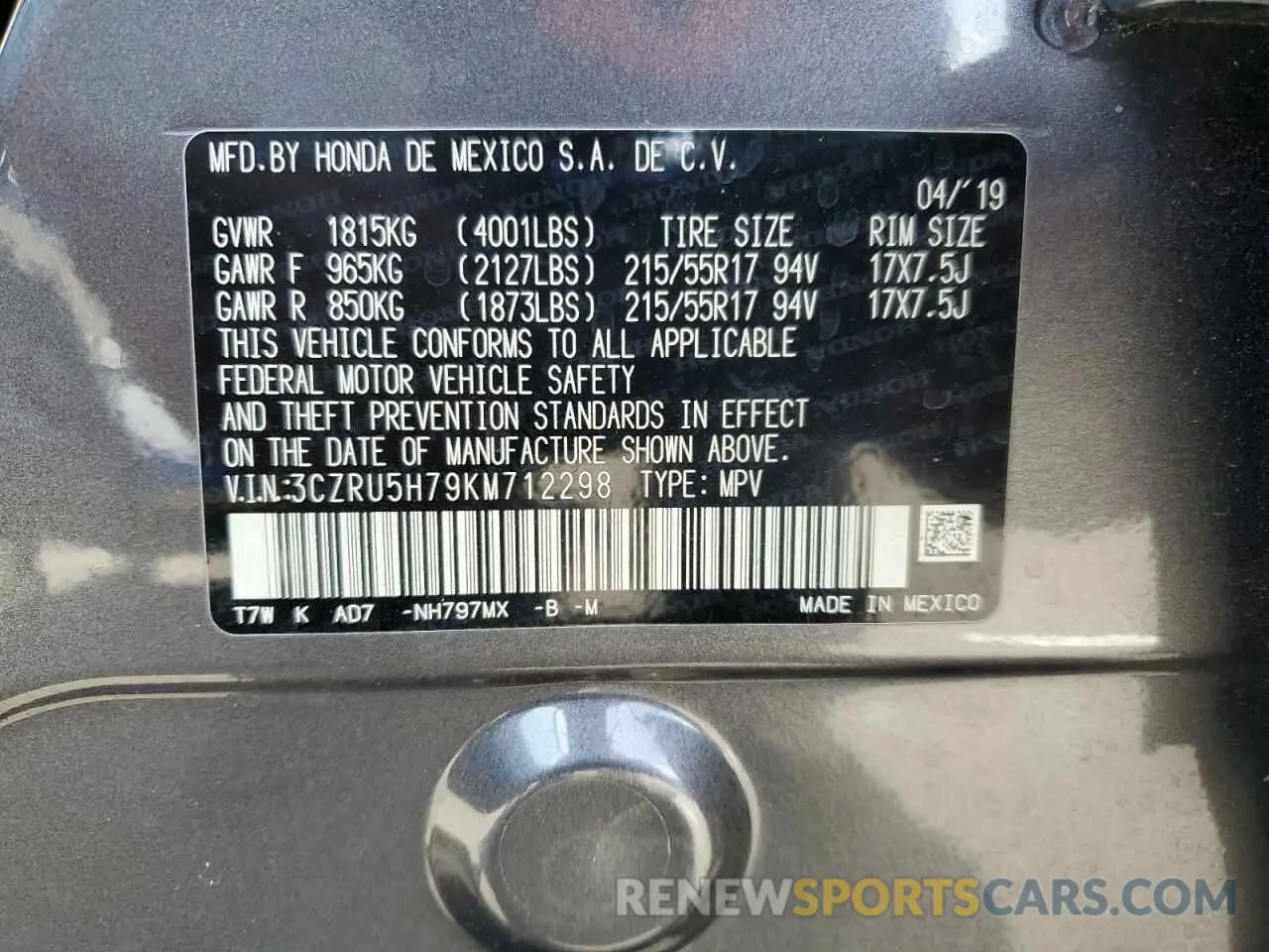 12 Photograph of a damaged car 3CZRU5H79KM712298 HONDA HR-V 2019