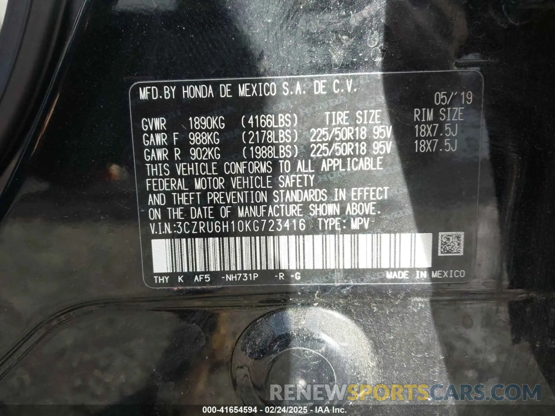 9 Photograph of a damaged car 3CZRU6H10KG723416 HONDA HR-V 2019