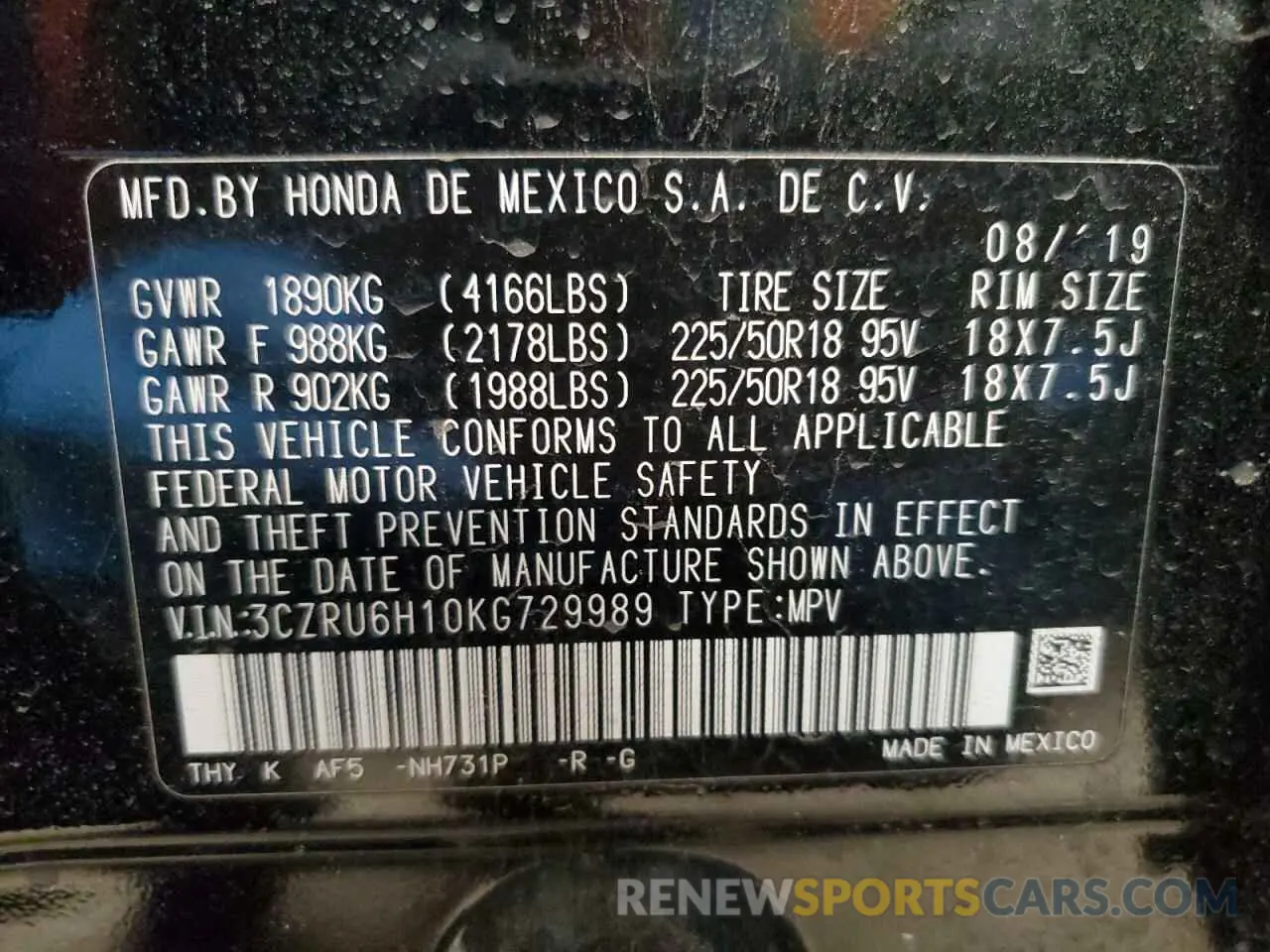 12 Photograph of a damaged car 3CZRU6H10KG729989 HONDA HR-V 2019