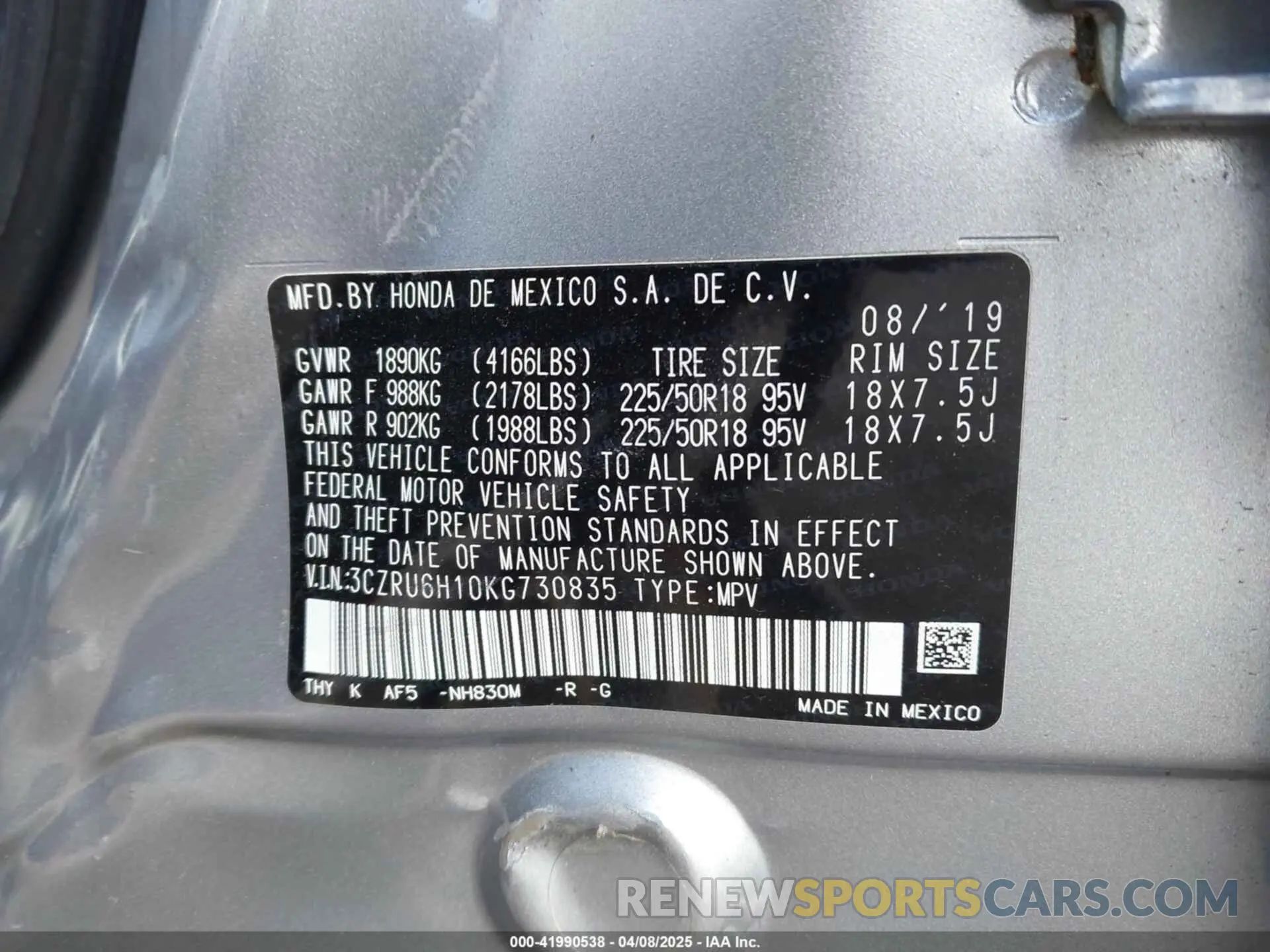 9 Photograph of a damaged car 3CZRU6H10KG730835 HONDA HR-V 2019