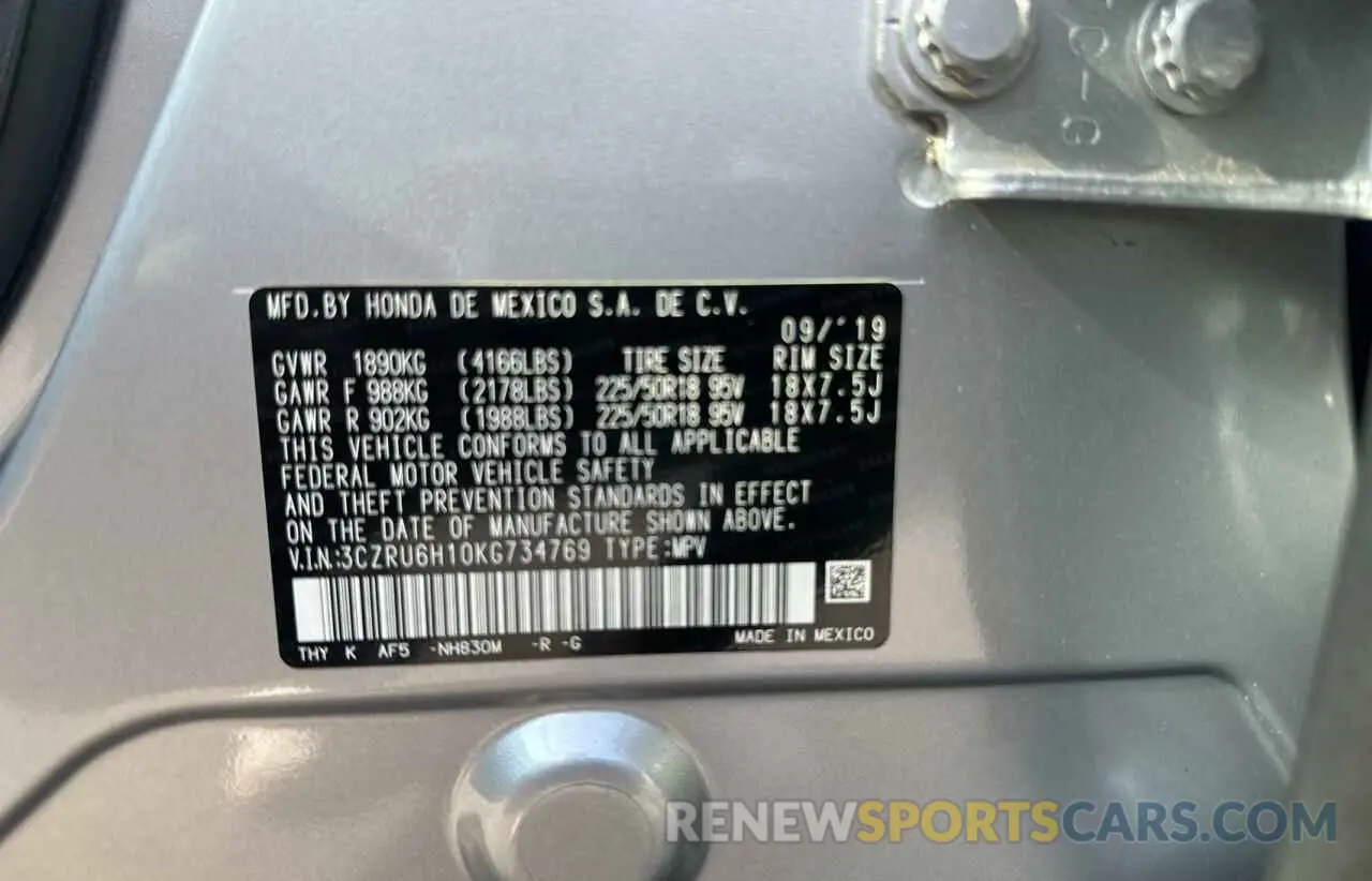 10 Photograph of a damaged car 3CZRU6H10KG734769 HONDA HR-V 2019