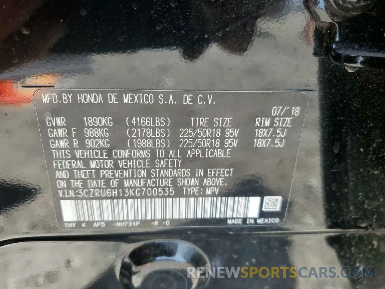 12 Photograph of a damaged car 3CZRU6H13KG700535 HONDA HR-V 2019